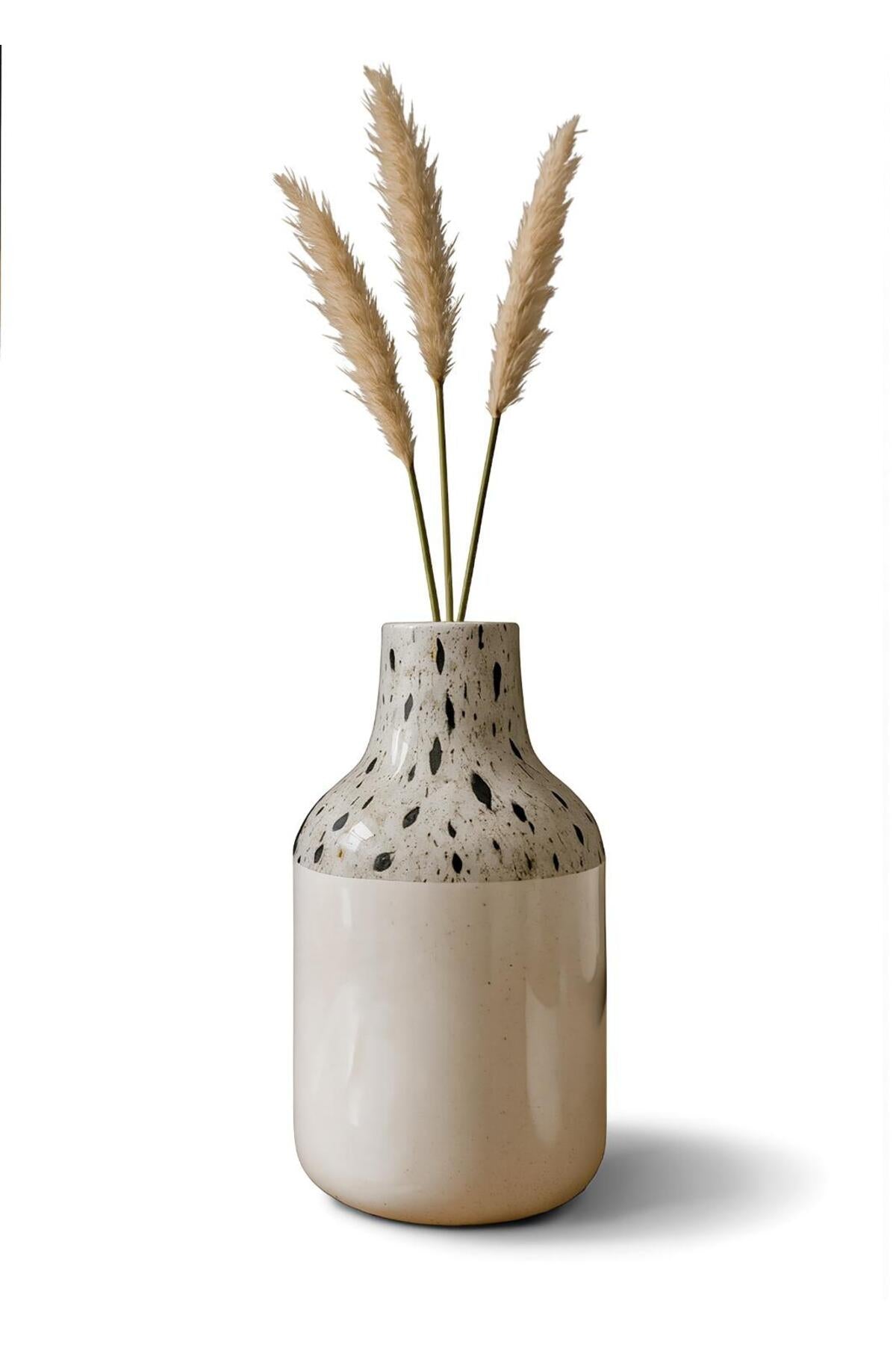 White Ceramic Vase with Terrazzo Speckled Neck – Modern Glossy Decorative Flower Pot