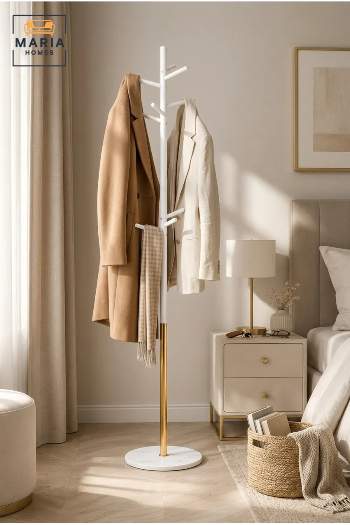 Modern Freestanding Coat Rack with White and Gold Finish √ê Contemporary Clothes Stand, Jacket Hanger & Entryway Organizer