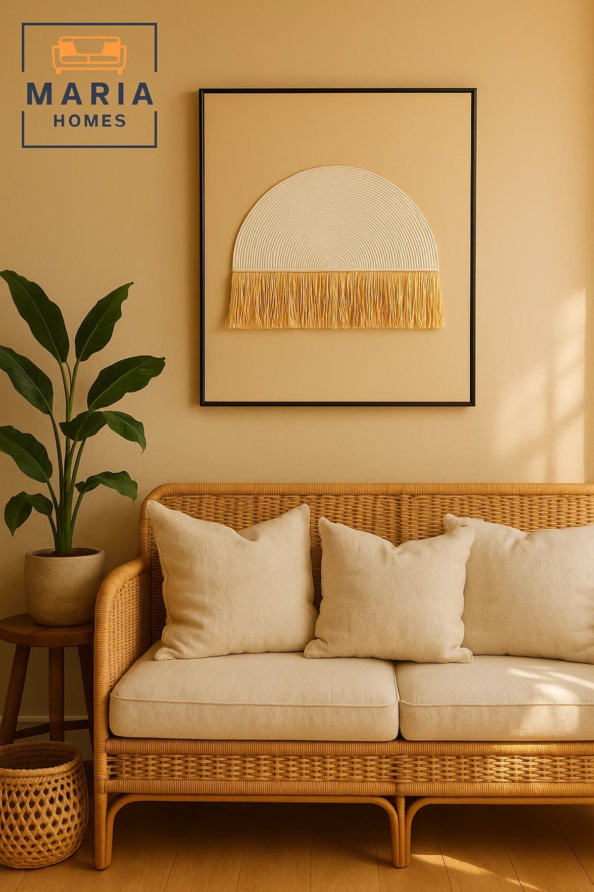Beige Wall Art with Textured Half Circle and Yellow Fringe Accent-size80*120 CM