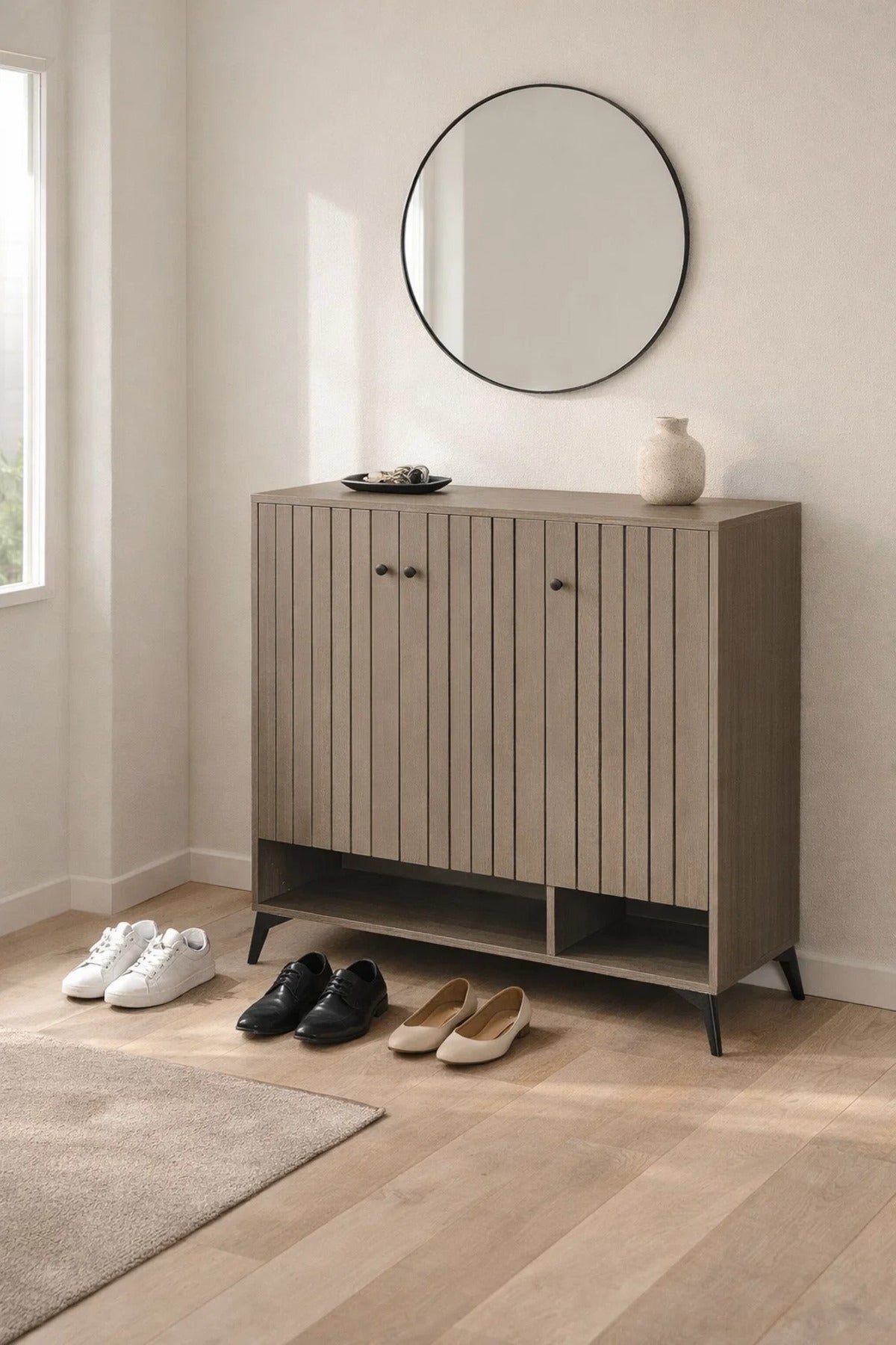 Modern Grey Slatted Shoe Cabinet with Three Doors and Open Bottom Shelf for Hallway Storage 100cm