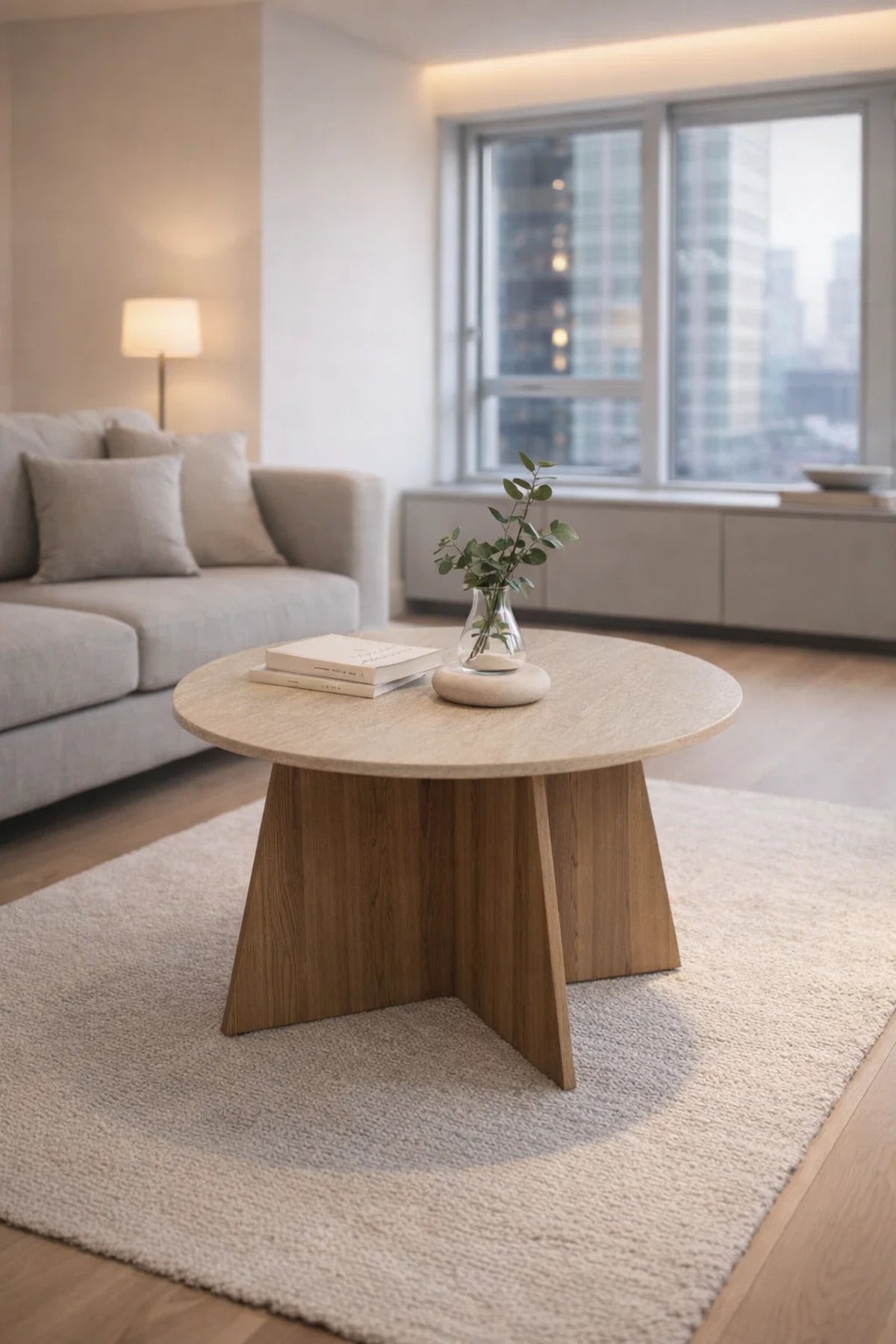 Round Coffee Table Marble Top with Brown Wooden Legs 90 x 45 cm