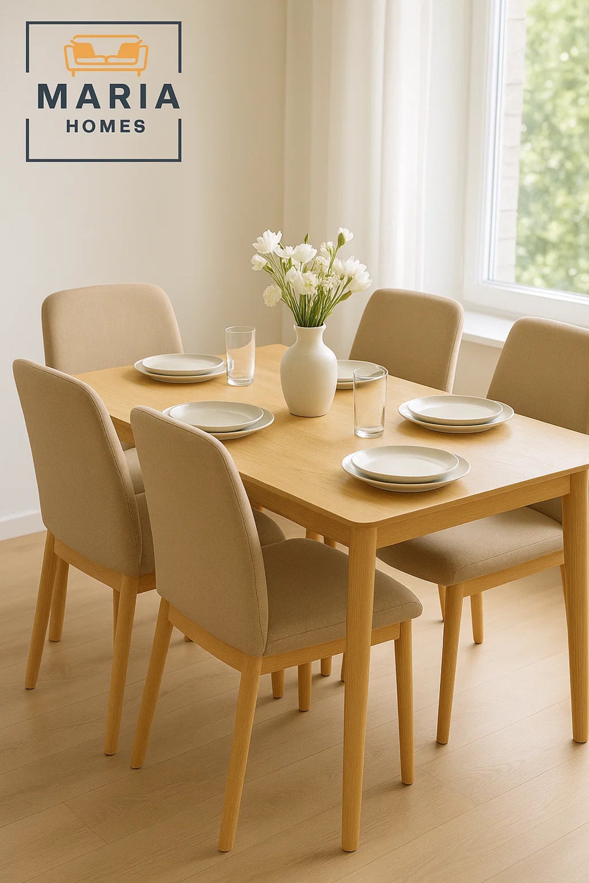 Modern Beige Fabric Dining Chair with Wooden Legs