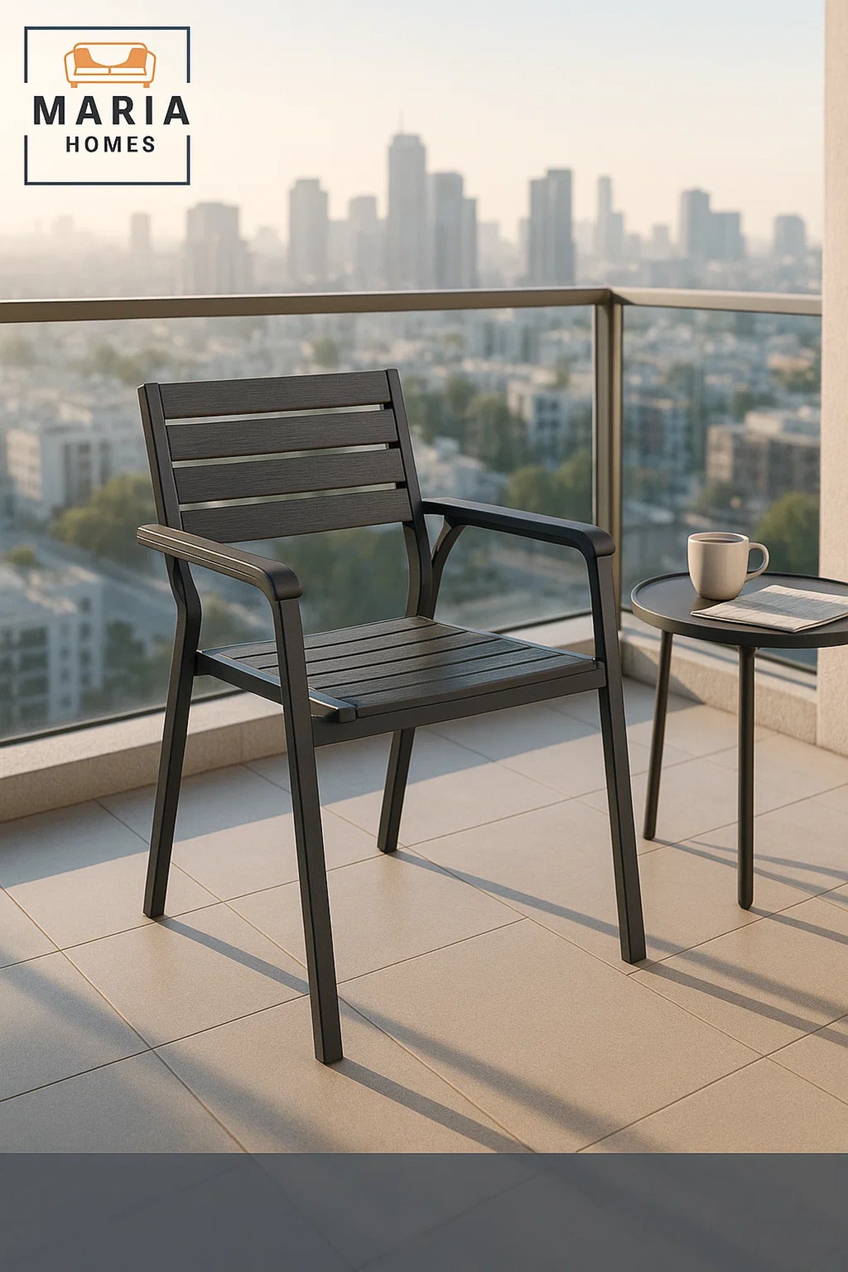 Dark Grey Outdoor Dining Armchair Metal Frame Wooden Look Garden Balcony Patio Durable Chair