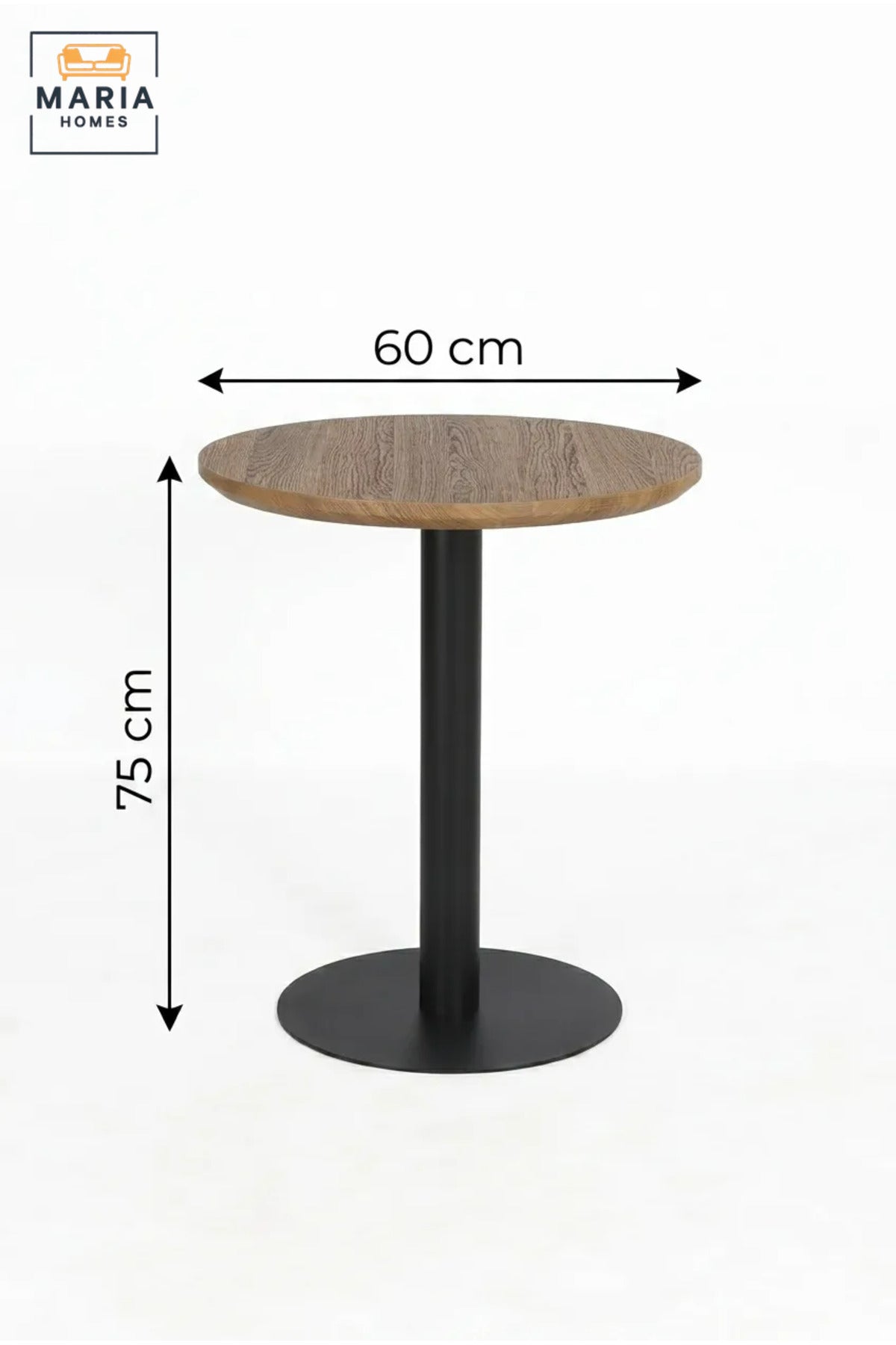 Modern Round Café Table with Wood-Effect Top and Black Pedestal Base for Coffee Shop, Restaurant, Bistro, Hotel and Indoor Dining Area