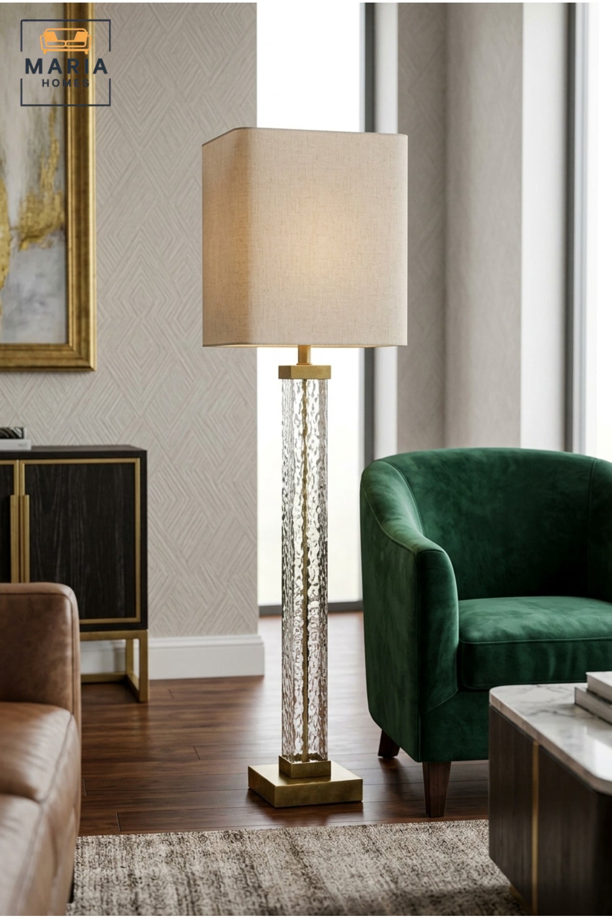 Modern Clear Glass Floor Lamp with Textured Tall Column, Gold Accents, Fabric Drum Shade and Square Base Standing Light for Living Room Bedroom Office
