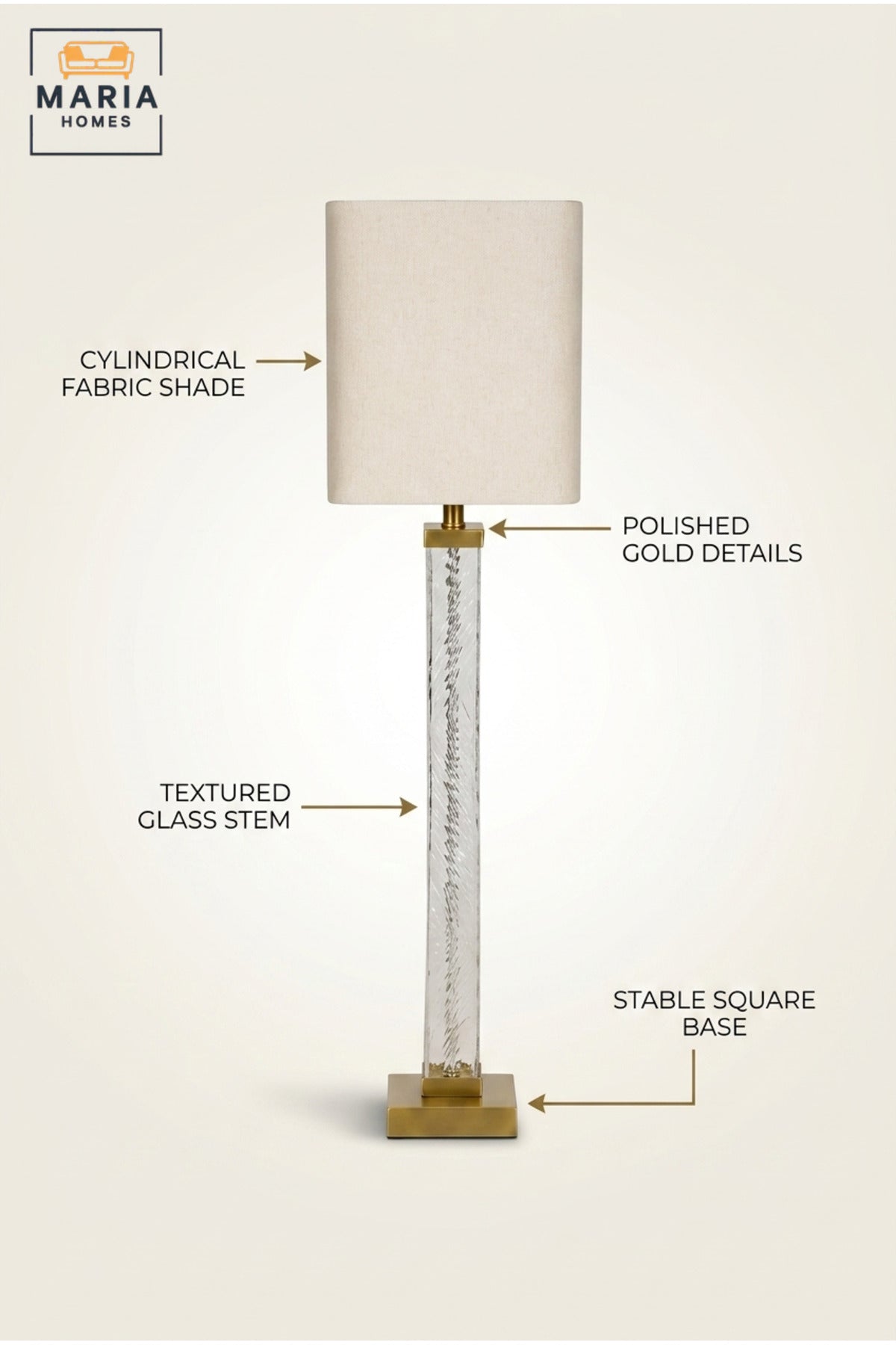 Modern Clear Glass Floor Lamp with Textured Tall Column, Gold Accents, Fabric Drum Shade and Square Base Standing Light for Living Room Bedroom Office