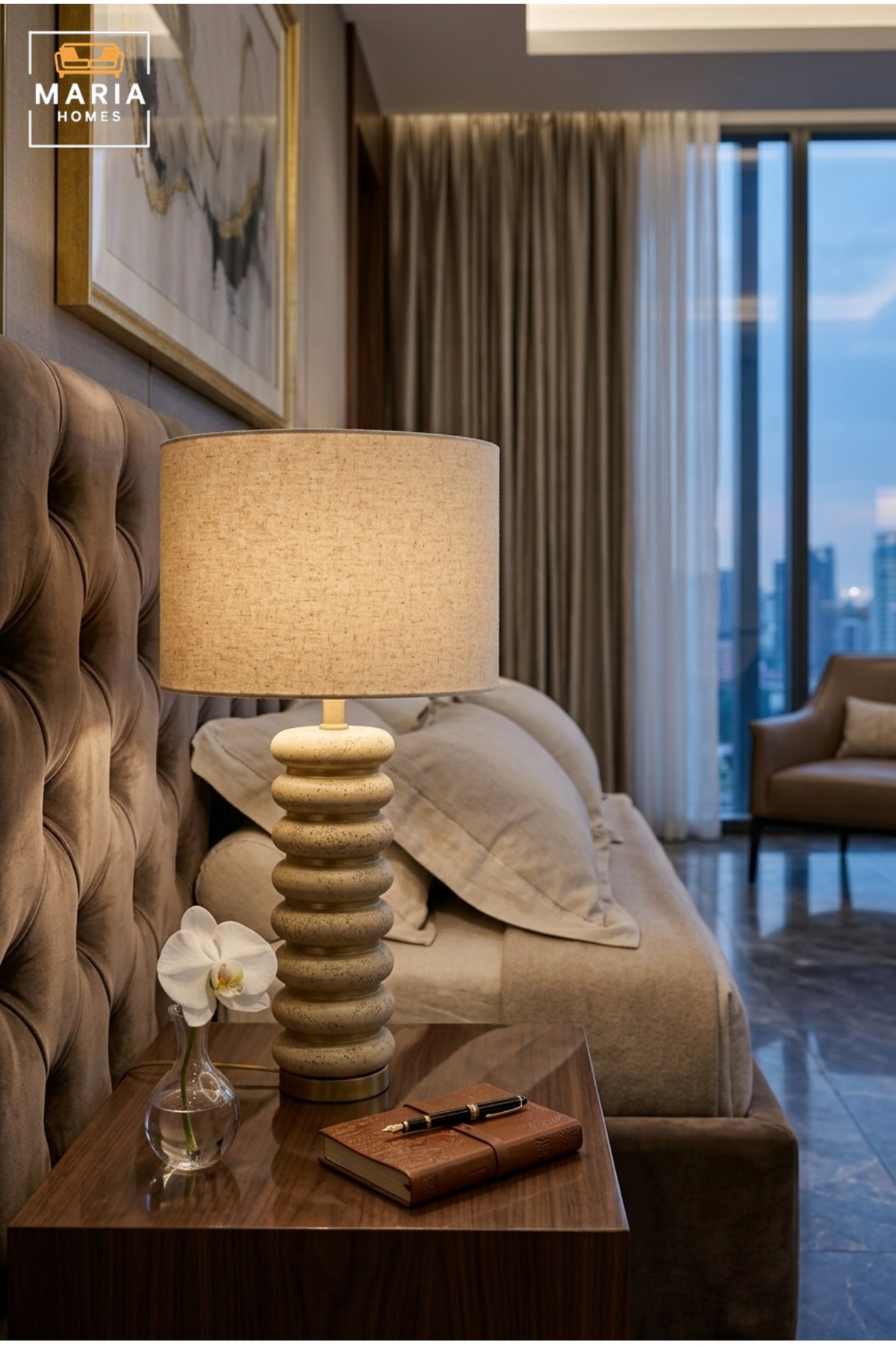 Modern Sculptural Table Lamp with Beige Drum Fabric Shade, Stacked Ring Textured Base and Gold Tone Accents for Bedroom, Living Room, Office and Hotel