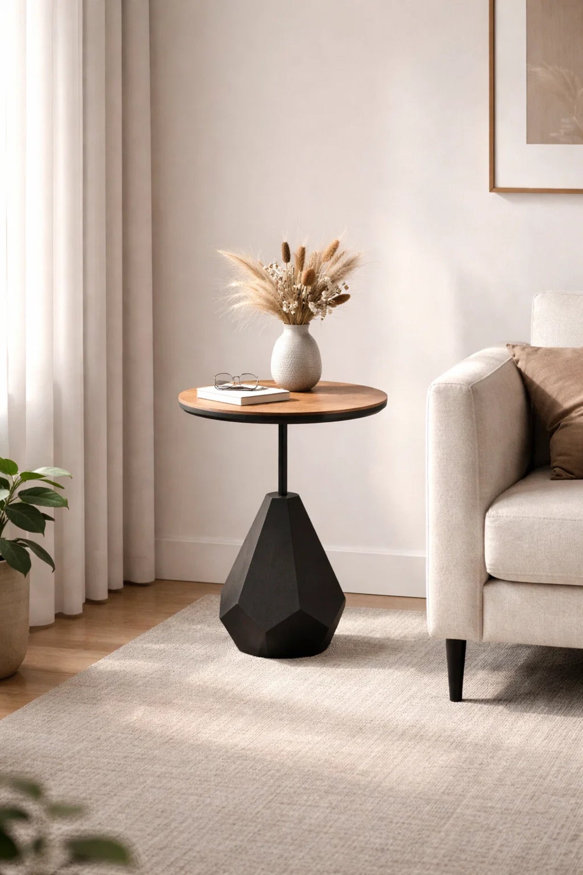 Modern Round Side Table Wood Top Black Geometric Base Living Room Accent End Table 60cm Height