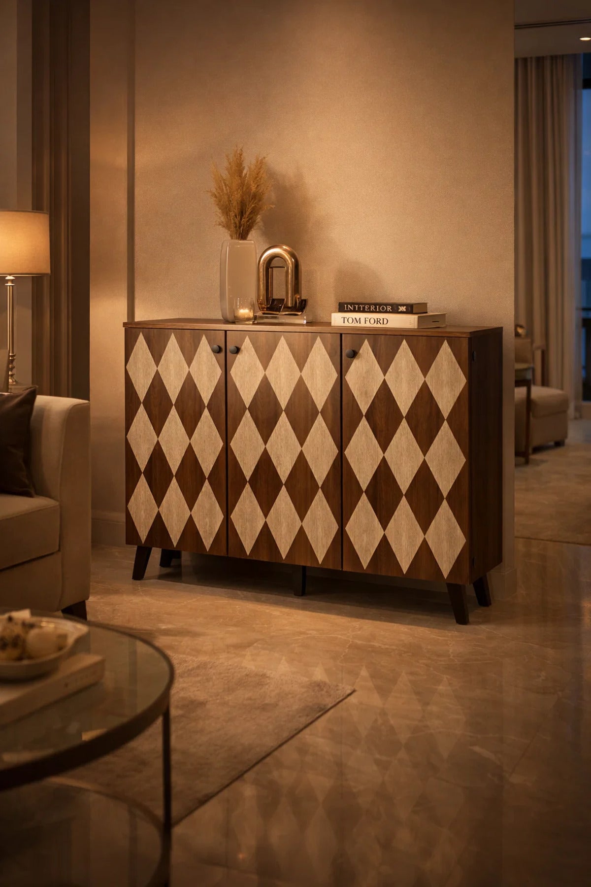Dark Brown Shoe Cabinet with Geometric Pattern Doors 120 x 32 x 93 cm