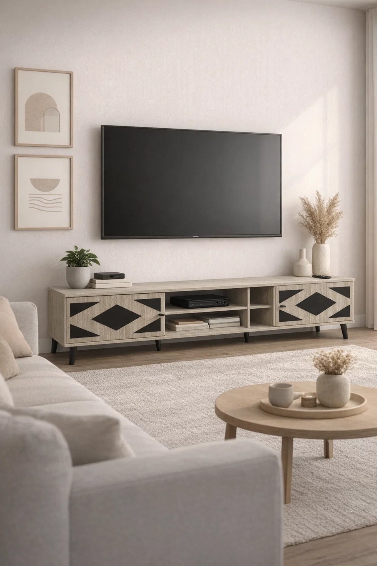 Premium Beige TV Unit 200cm Large Entertainment Center with Geometric Design for Living Room