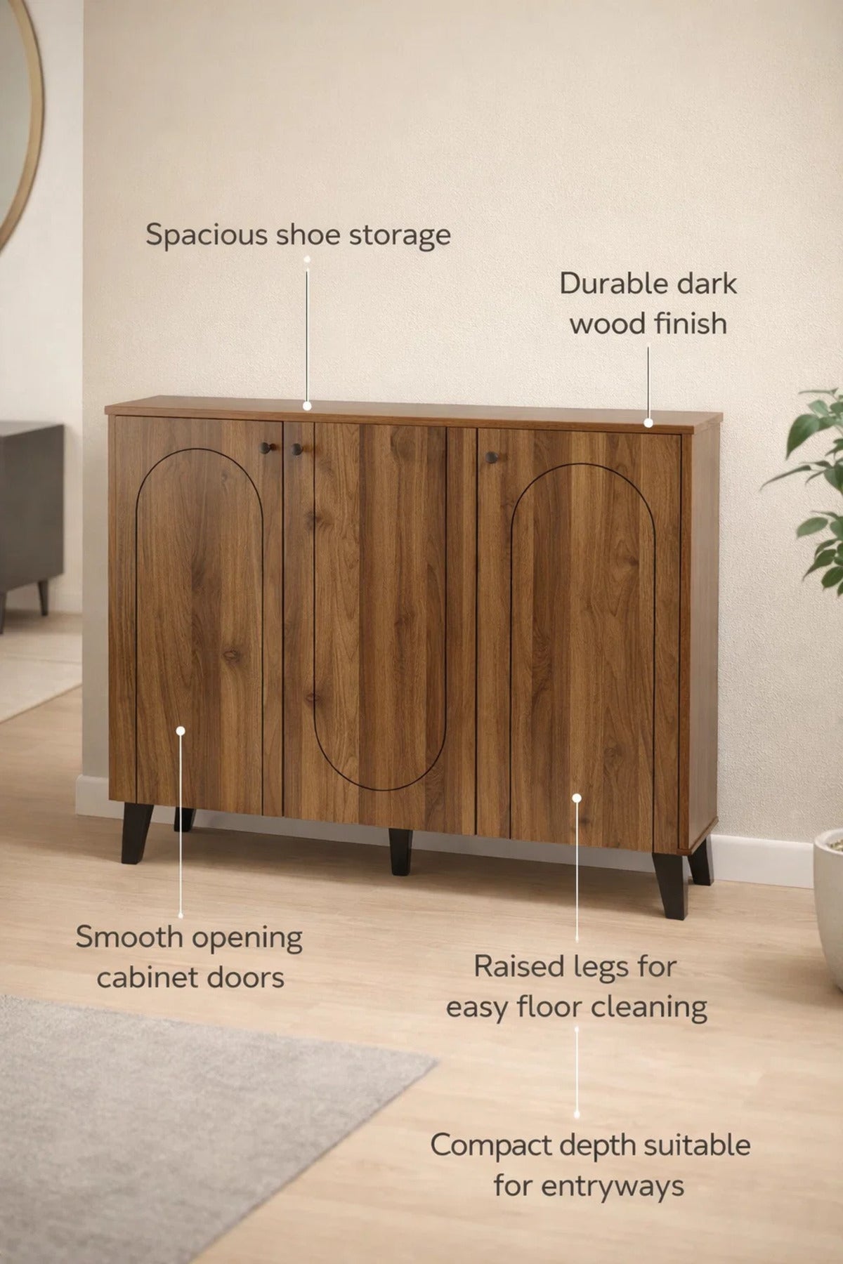 Dark Brown Wooden Shoe Cabinet with 3 Doors 120 x 32 x 94 cm
