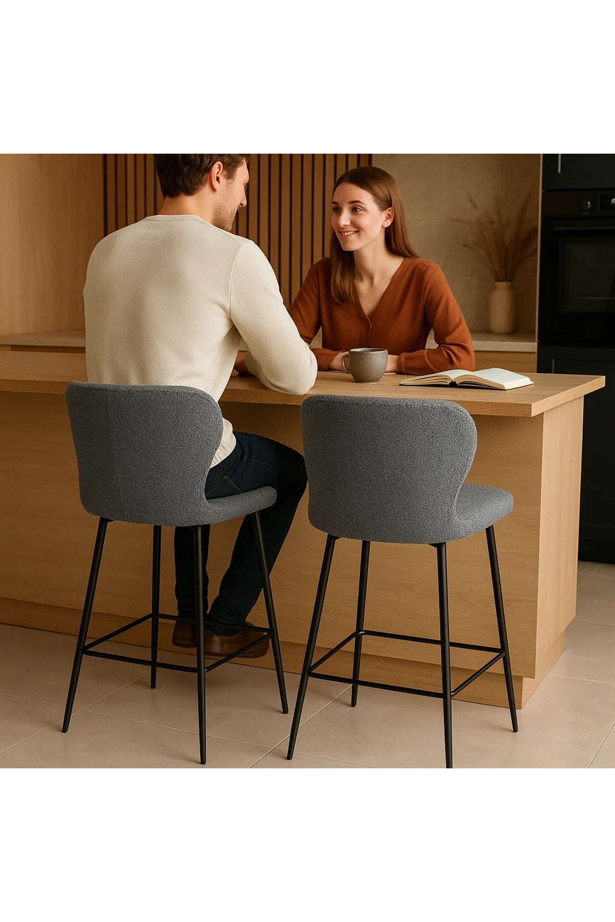 Modern Upholstered Bar Stool with Backrest and Black Metal Legs Ð Grey Fabric Finish