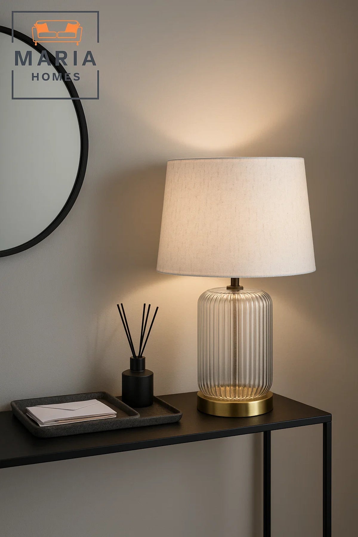 Ribbed Glass Table Lamp With Beige Shade And Gold Base For Elegant Night Lighting