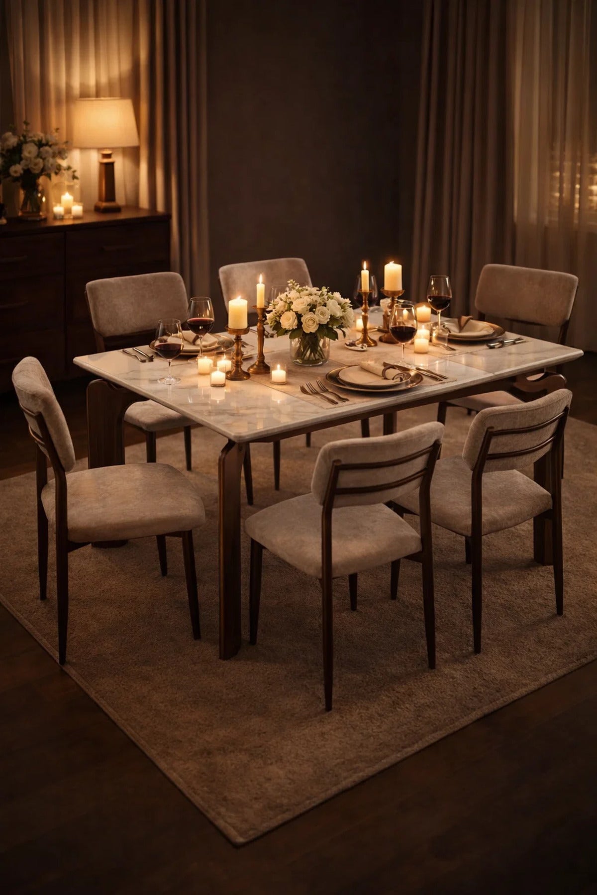 Stylish 6-Person Dining Table Set White Marble Pattern Top with Comfortable Beige Dining Chairs