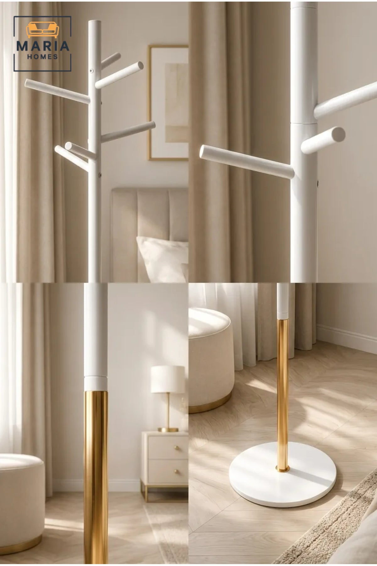 Modern Freestanding Coat Rack with White and Gold Finish √ê Contemporary Clothes Stand, Jacket Hanger & Entryway Organizer