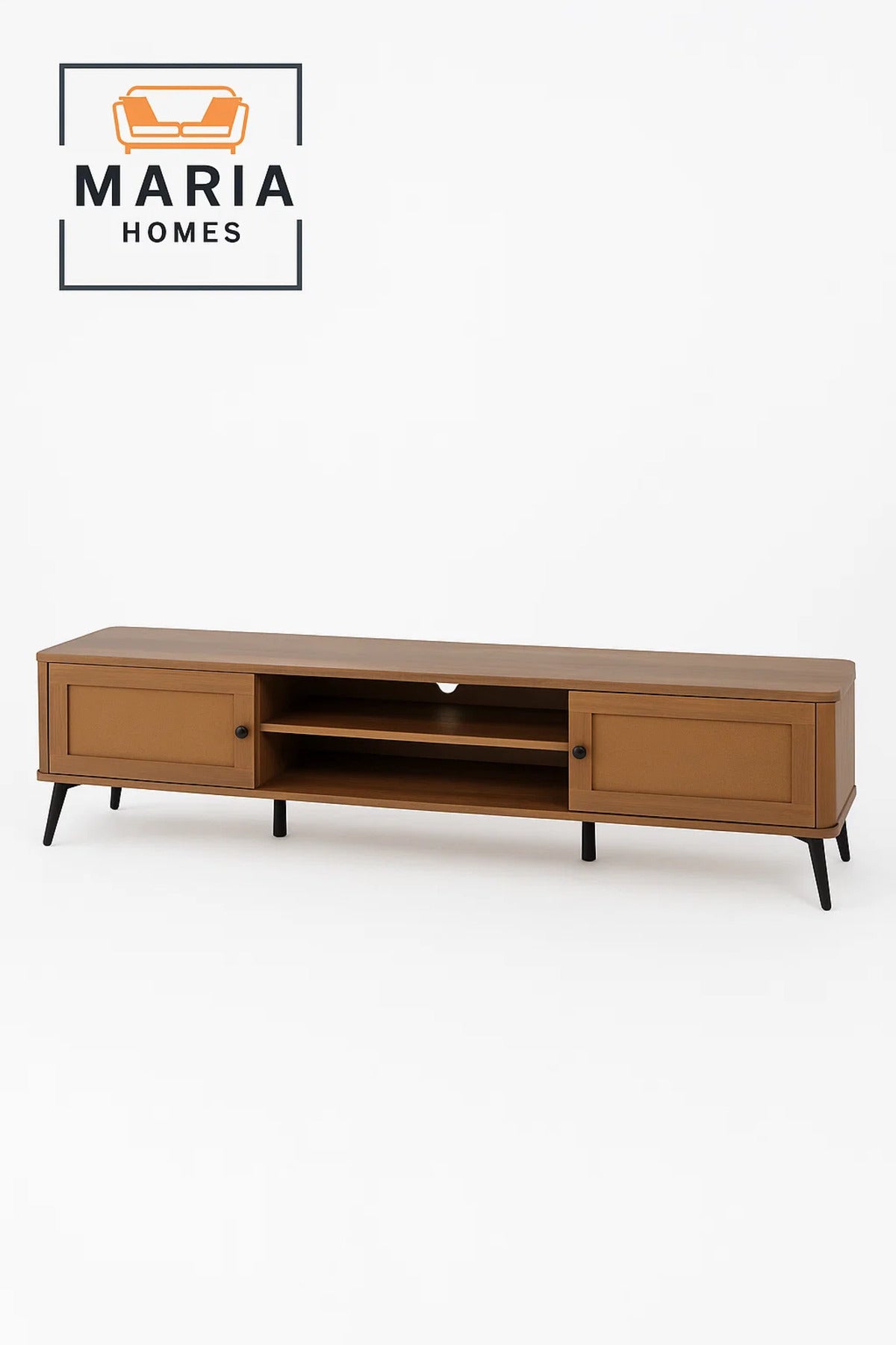 Mid-Century TV Stand with Cane Panel Doors and Open Center Shelf-size 200*40*50 CM