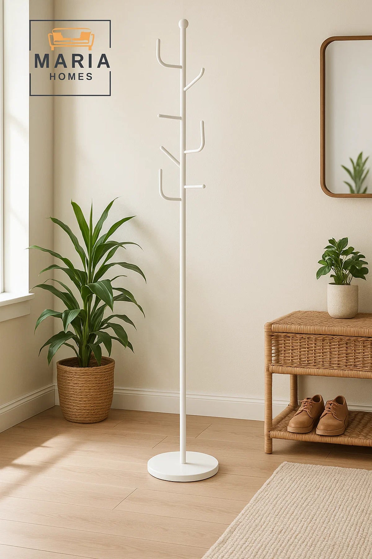White Minimalist Coat Rack with Rounded Hooks and Marble Base