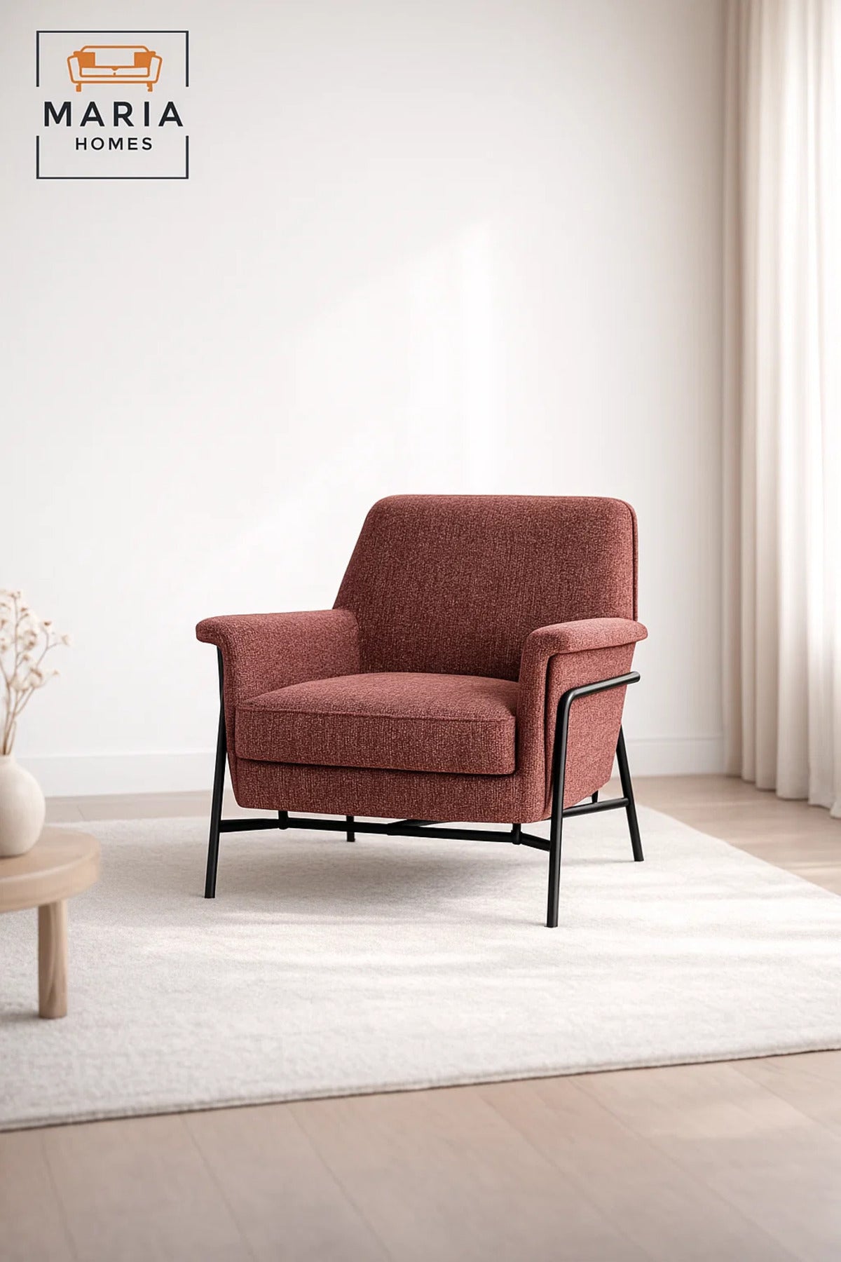 Modern Upholstered Armchair Red Comfortable Accent Chair with Metal Frame