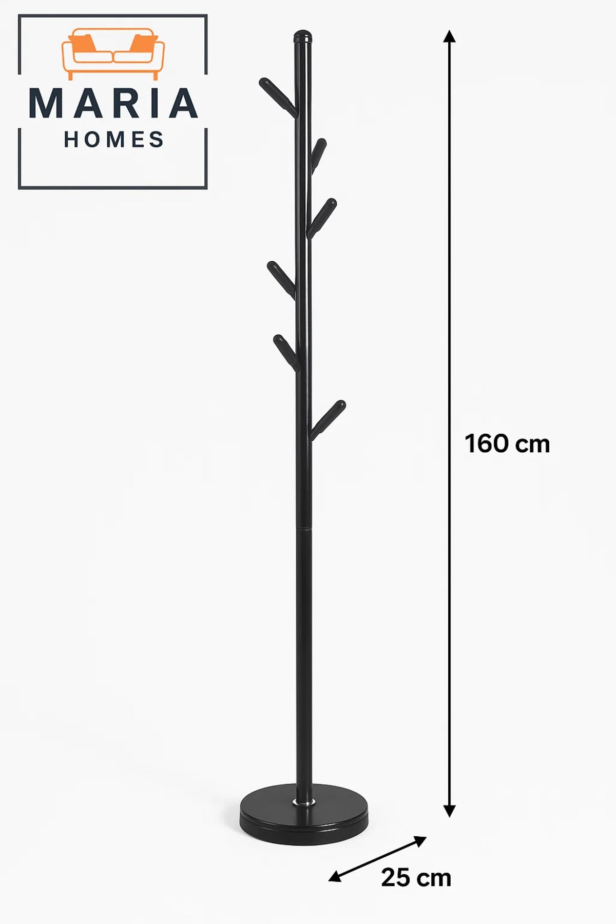 Slim Black Metal Coat Rack with Angled Peg Hooks