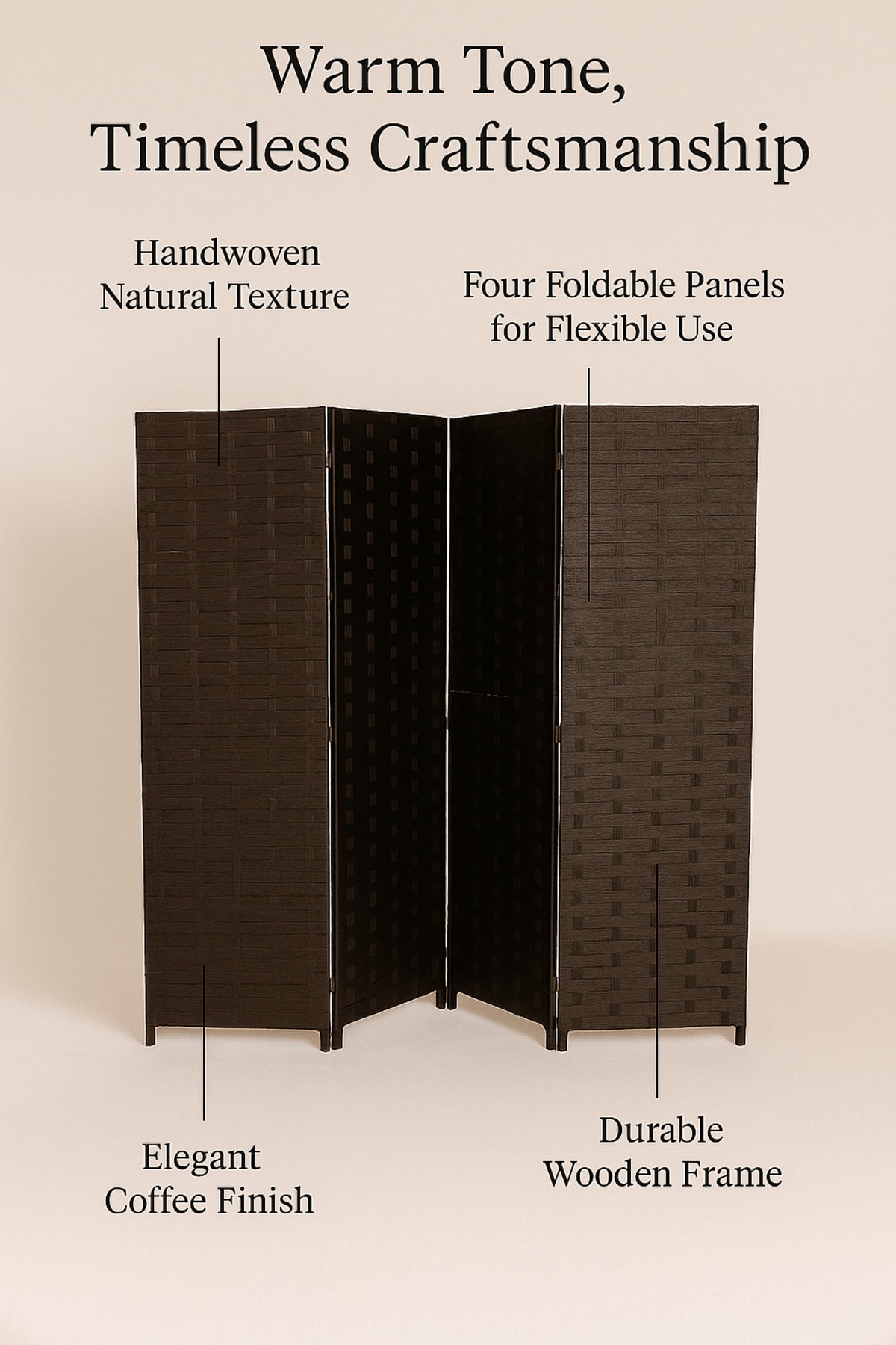 4-Panel Woven Room Divider Ð 180_180 cm Foldable Privacy Screen in Coffee Brown