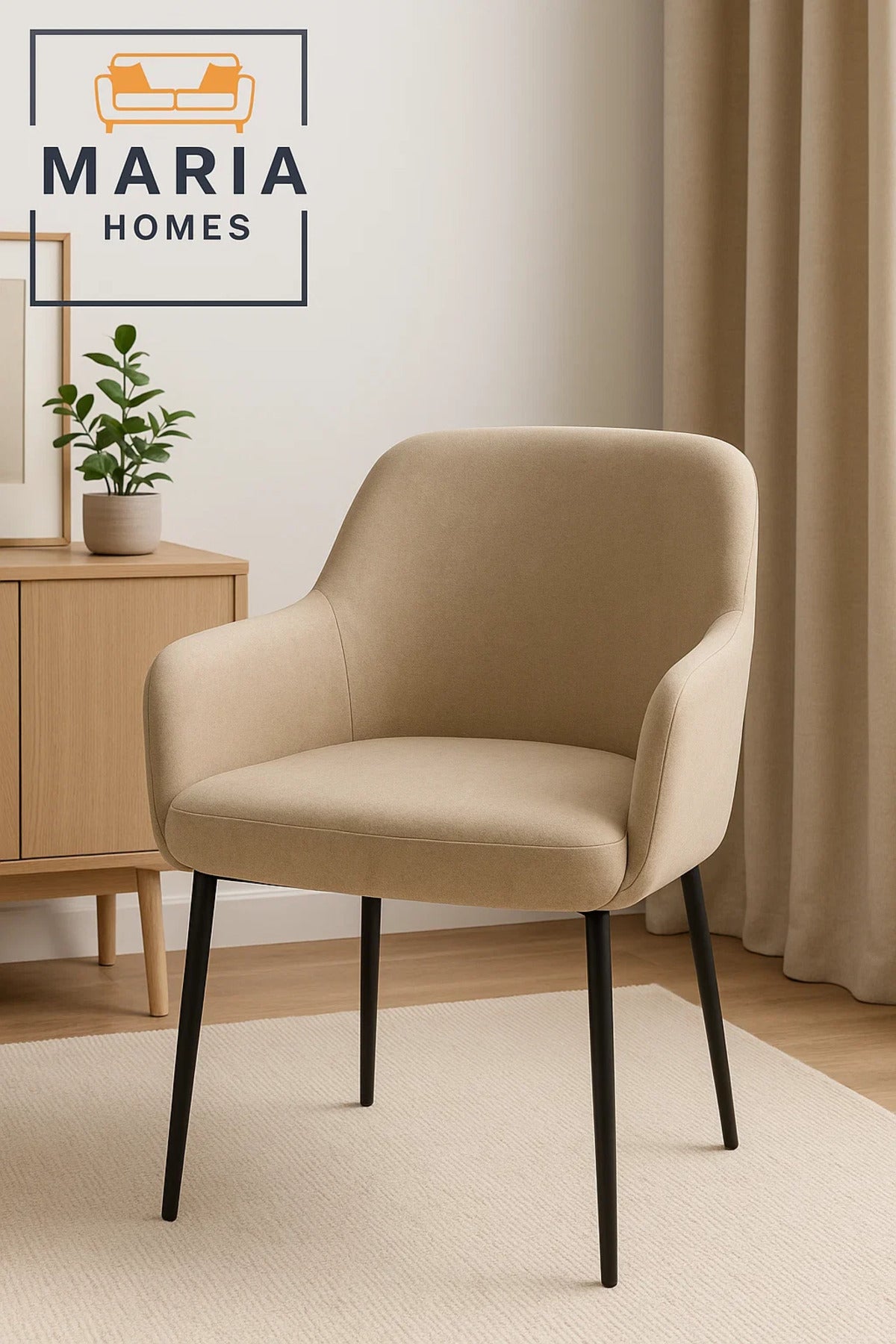 Beige Fabric Armchair Ð Upholstered Lounge Chair with Armrests & Black Metal Legs for Home or Office