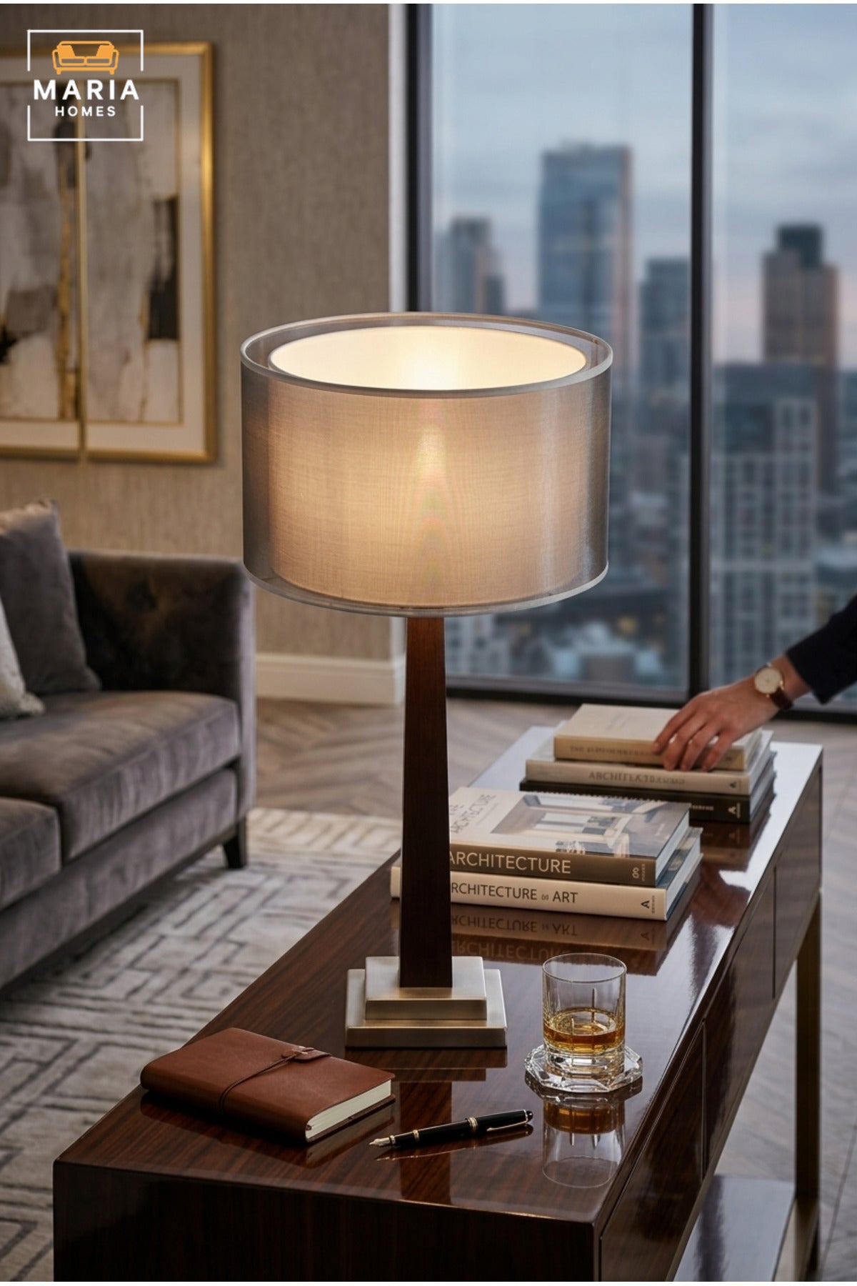 Modern Wooden Table Lamp with Grey Double Layer Drum Shade, Slim Tapered Base and Silver Tone Accents for Bedroom, Living Room, Office and Hotel