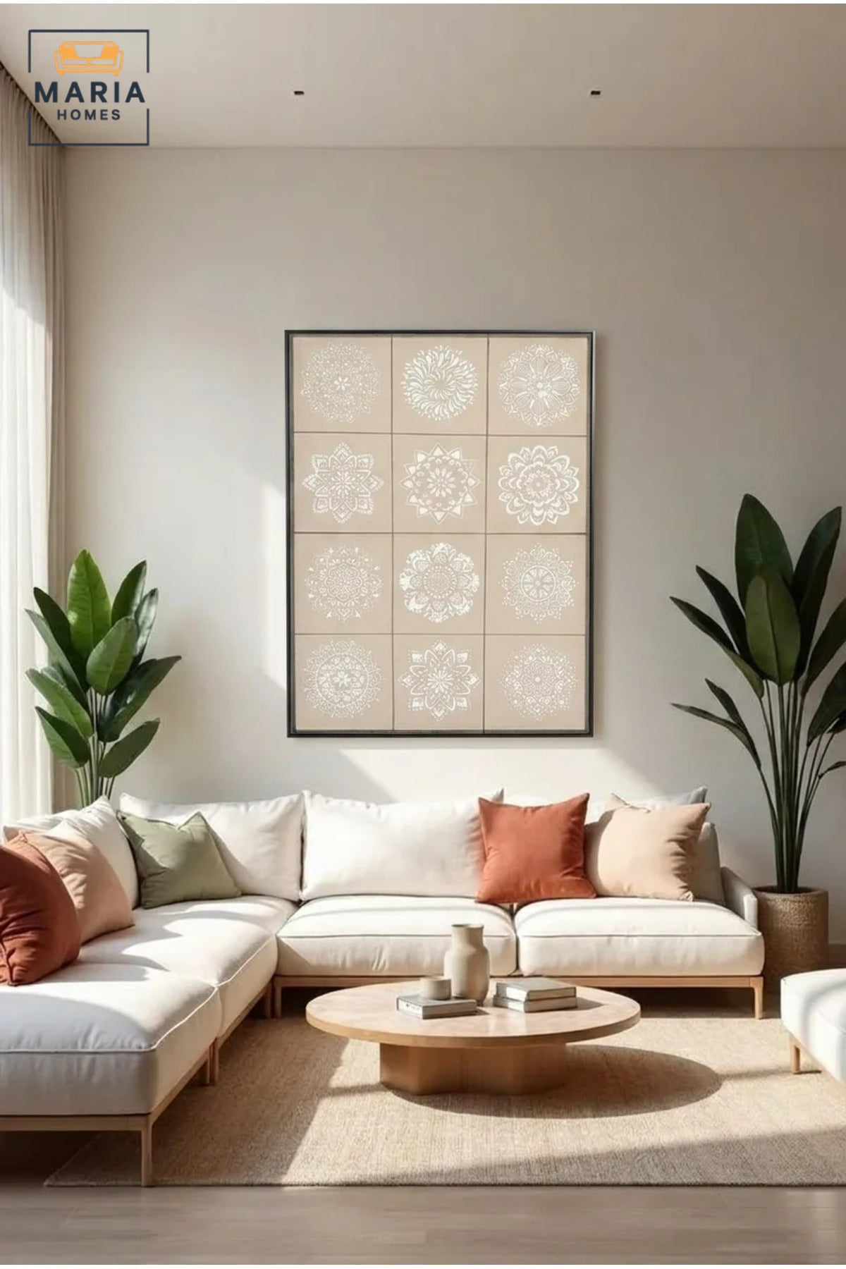 Modern Mandala Wall Art with Slim Black Frame, White Floral Pattern on Neutral Beige Canvas for Living Room, Bedroom, Hallway and Office Décor