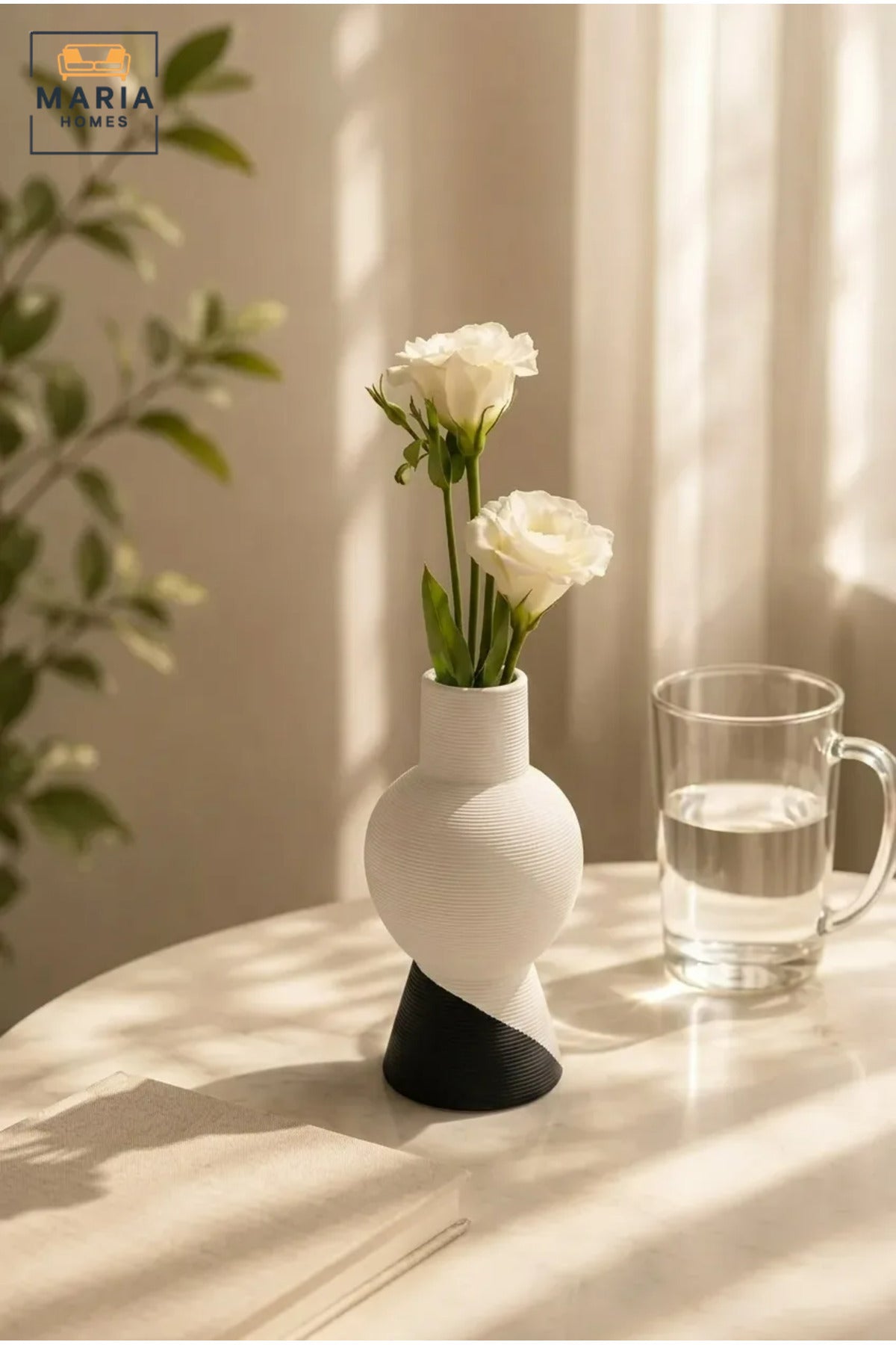 Modern Decorative Flower Vase with Two-Tone Abstract Design, Sculptural Curved Shape and Ribbed Texture for Living Room, Bedroom, Office and Console Décor
