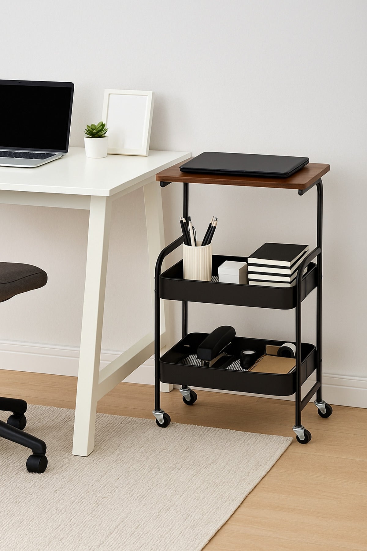2-Tier Black Metal Storage Trolley with Wooden Top Ð Multi-Purpose Rolling Cart