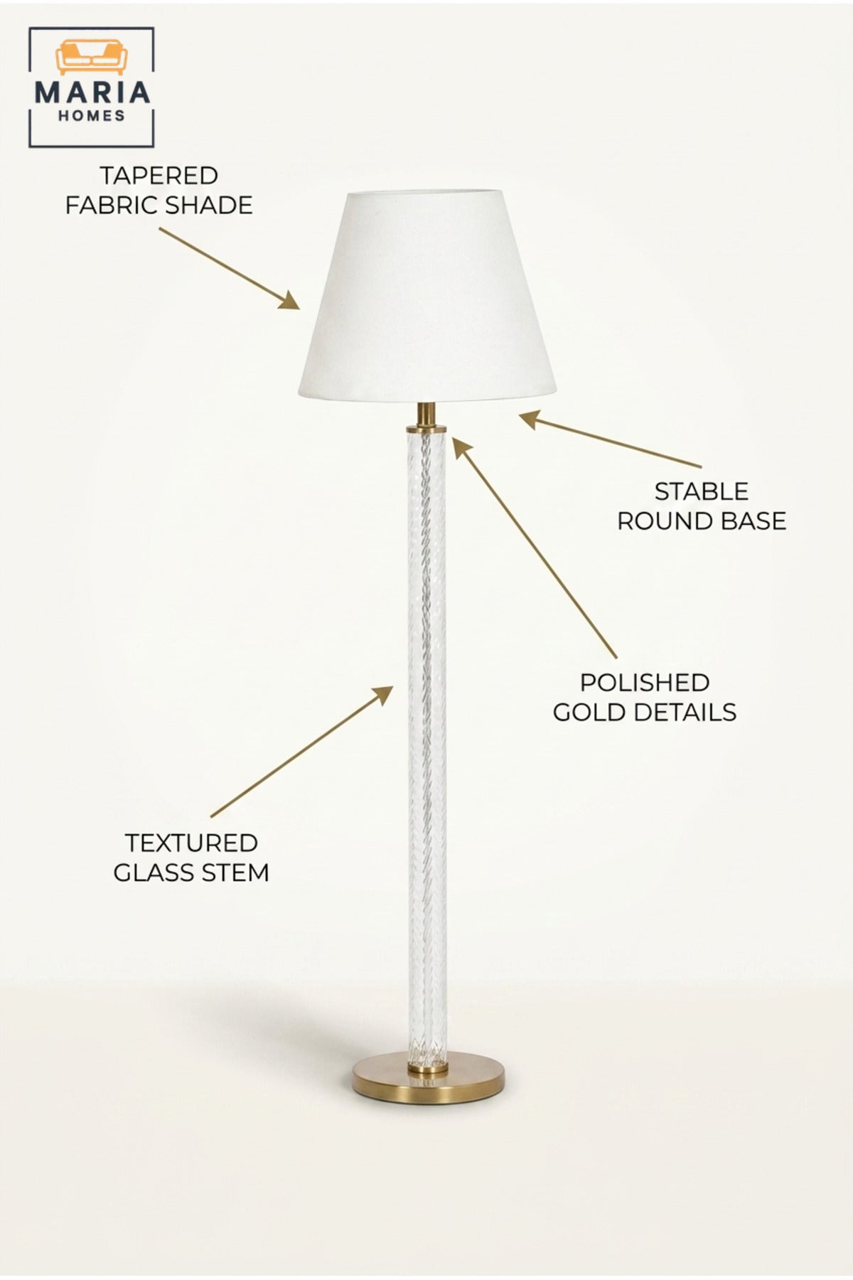 Modern Clear Glass Floor Lamp with Textured Column, Gold Accents, Fabric Shade and Round Base Elegant Standing Light for Living Room Bedroom and Office