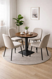 Modern Round Bistro Dining Table without chairs Brown Wood Look Top Black Metal Pedestal Base 70cm Kitchen