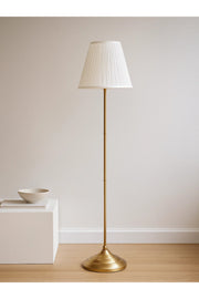 Modern Brass Floor Lamp Ð Fixed Metal Stand with White Fabric Shade for Living Room & Bedroom