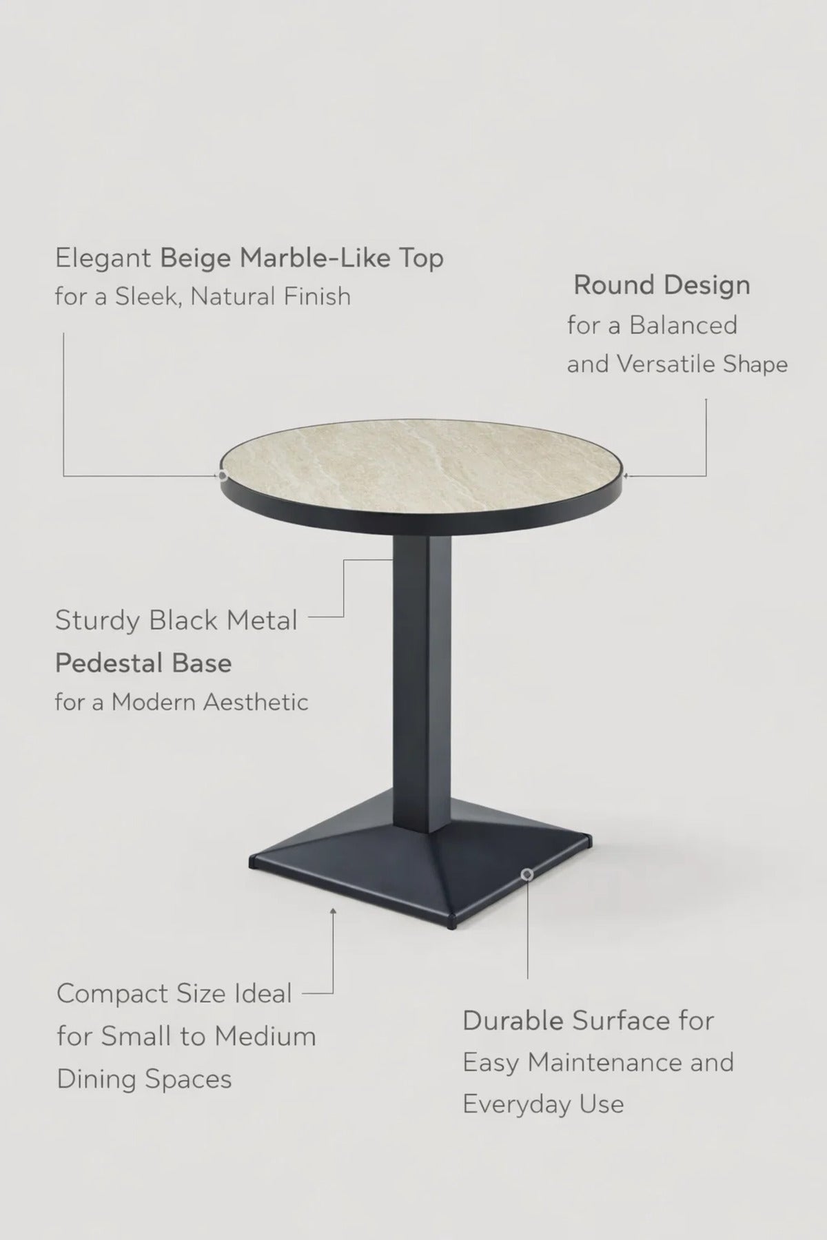 Modern Beige Melamine Round Dining Table Black Metal Pedestal Base 70cm for Cafe and Kitchen