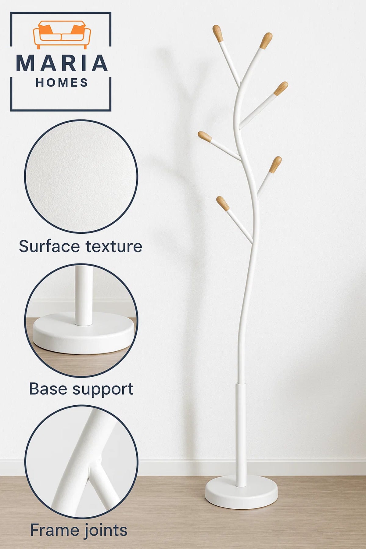 Curved Tree-Inspired White Metal Coat Rack with Wood-Tip Hooks
