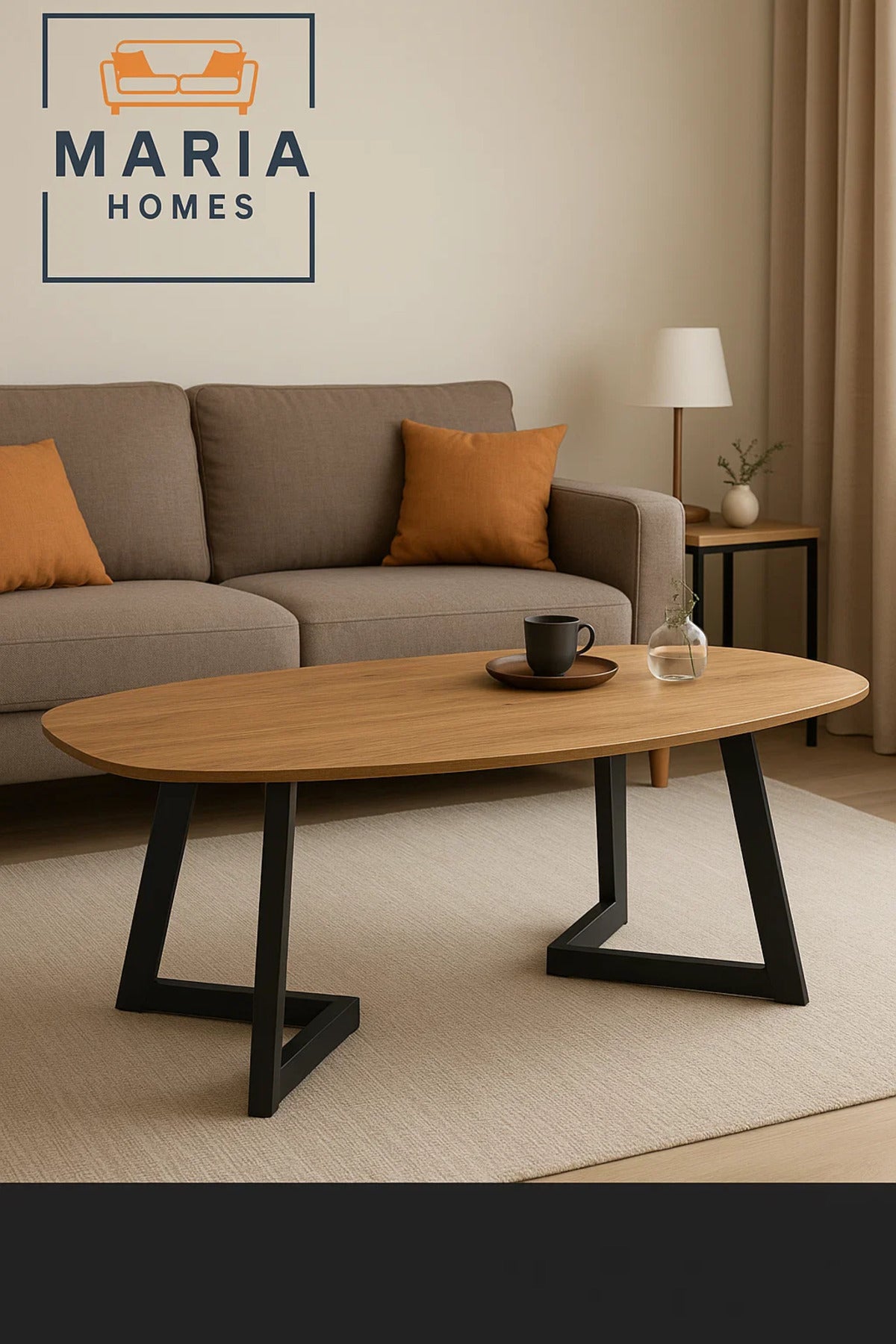 Modern Wooden Center Table 160x75x80cm Ð Oval Coffee Table with Black Metal Base for Living Room