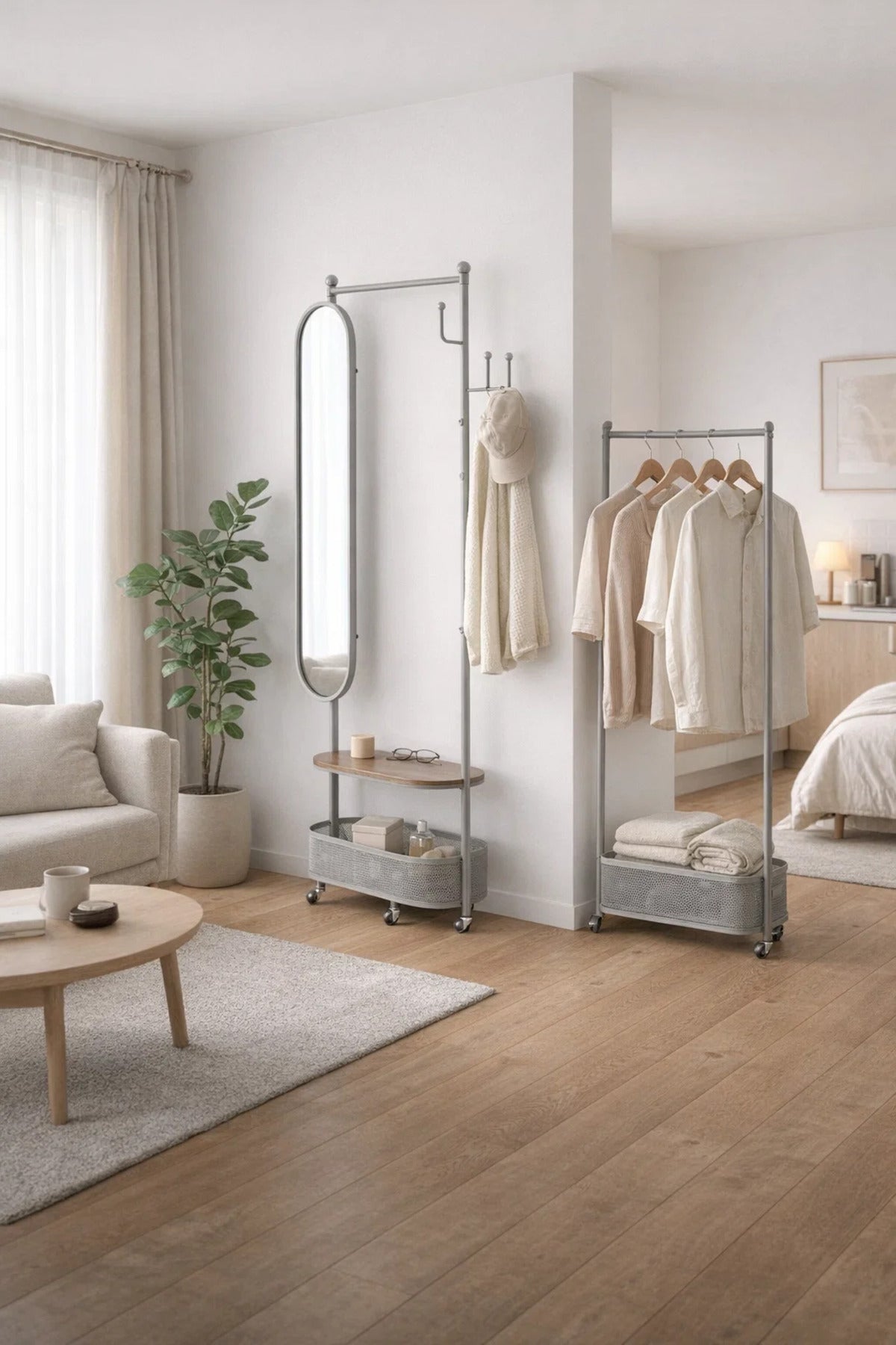 Modern Mobile Coat Rack Stand with Oval Mirror Shelf and Basket Storage for Hallway Organization