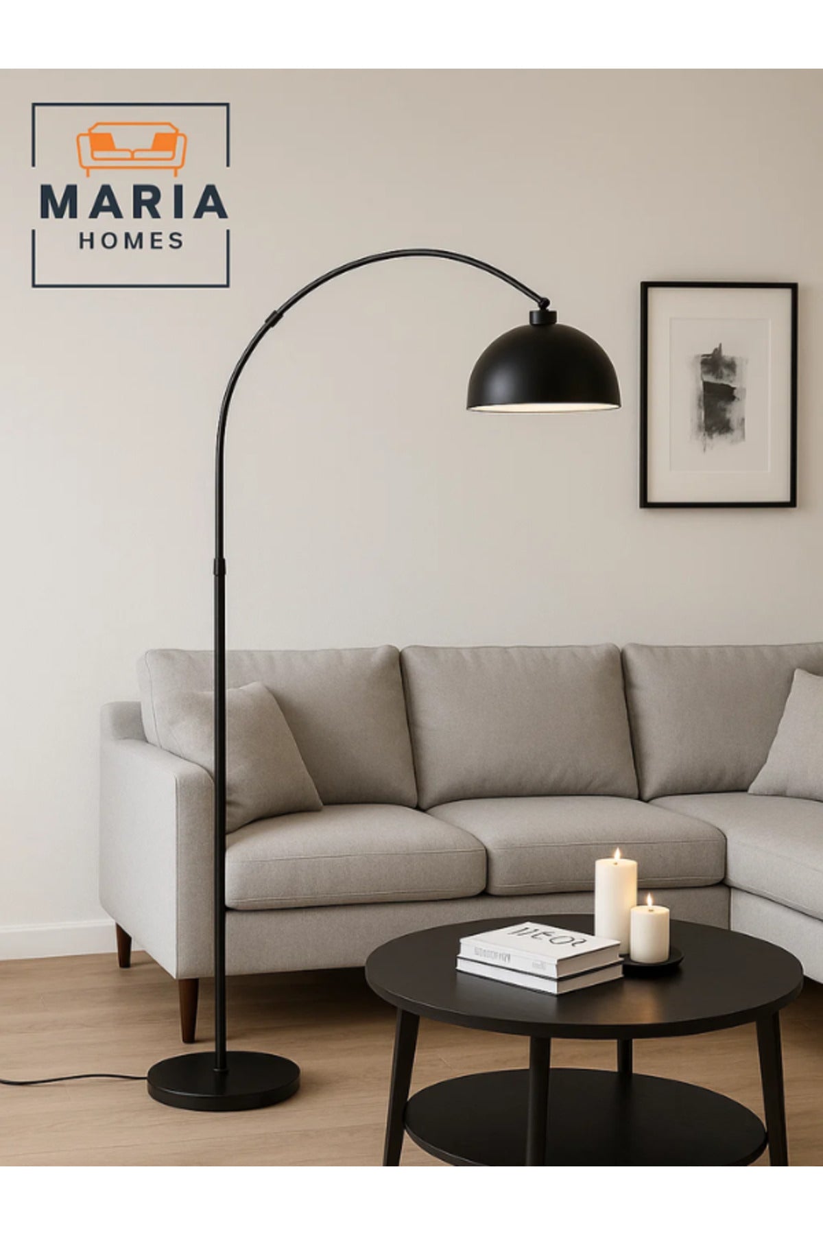 Modern Black Arc Floor Lamp with Dome Shade Ð Minimalist Standing Light