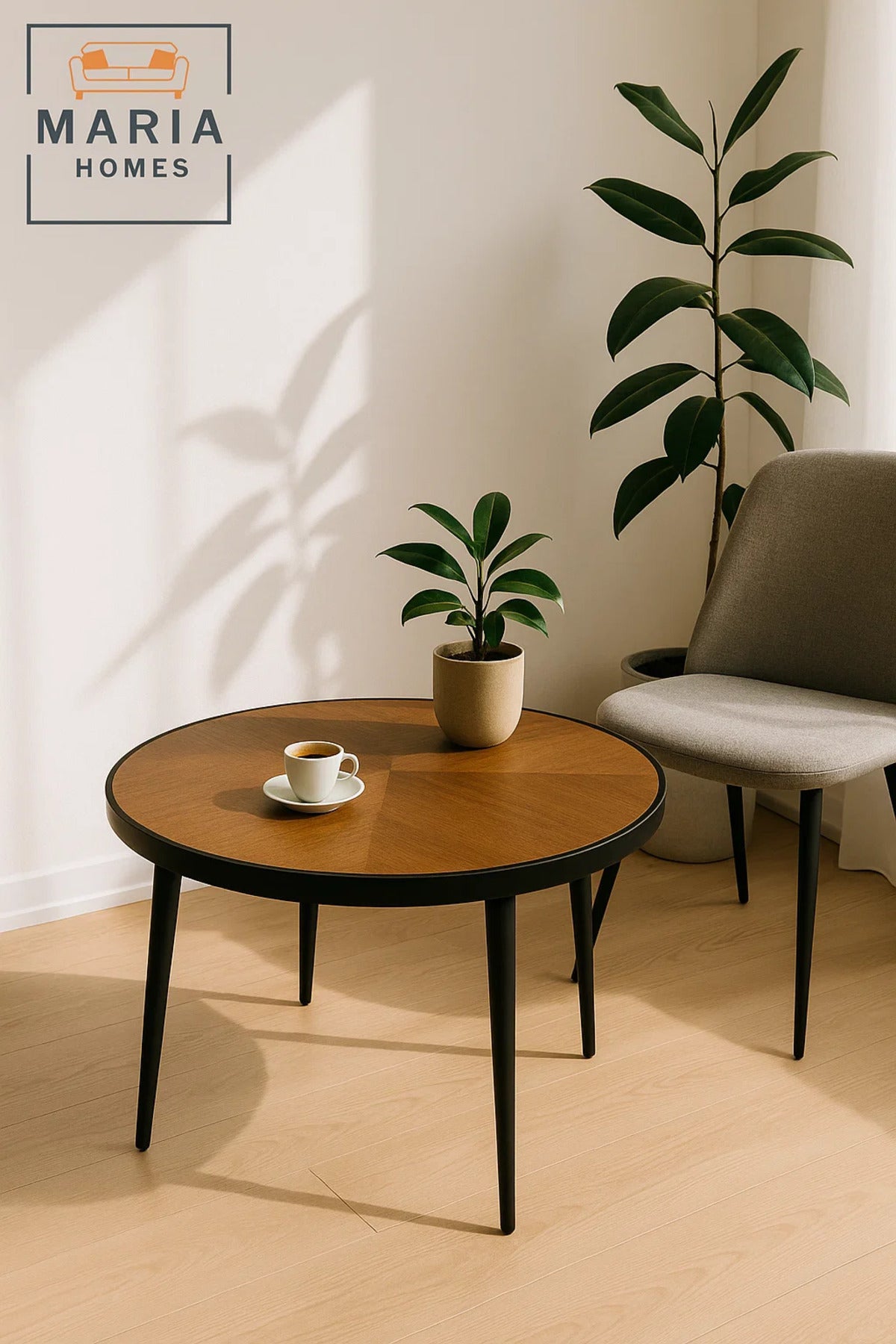 Round wooden coffee table with elegant starburst pattern