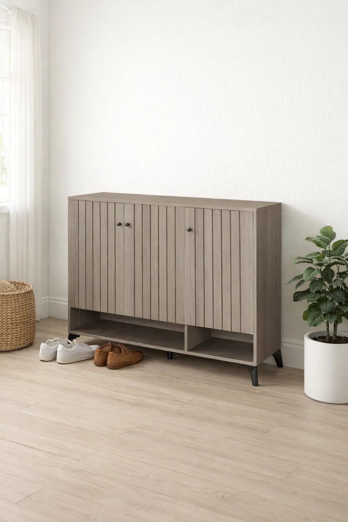 Modern Grey Shoe Cabinet 120cm with Vertical Slats, Open Shelf & 3 Doors for Entryway Storage