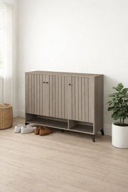 Modern Grey Shoe Cabinet 120cm with Vertical Slats, Open Shelf & 3 Doors for Entryway Storage