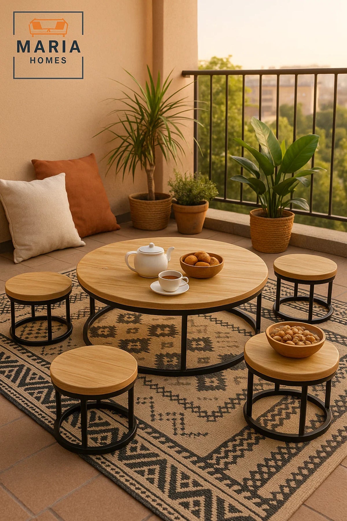 Light Oak Round Coffee Table Set √ê Modern Wood Finish with Metal Frame Living Room 5Piece