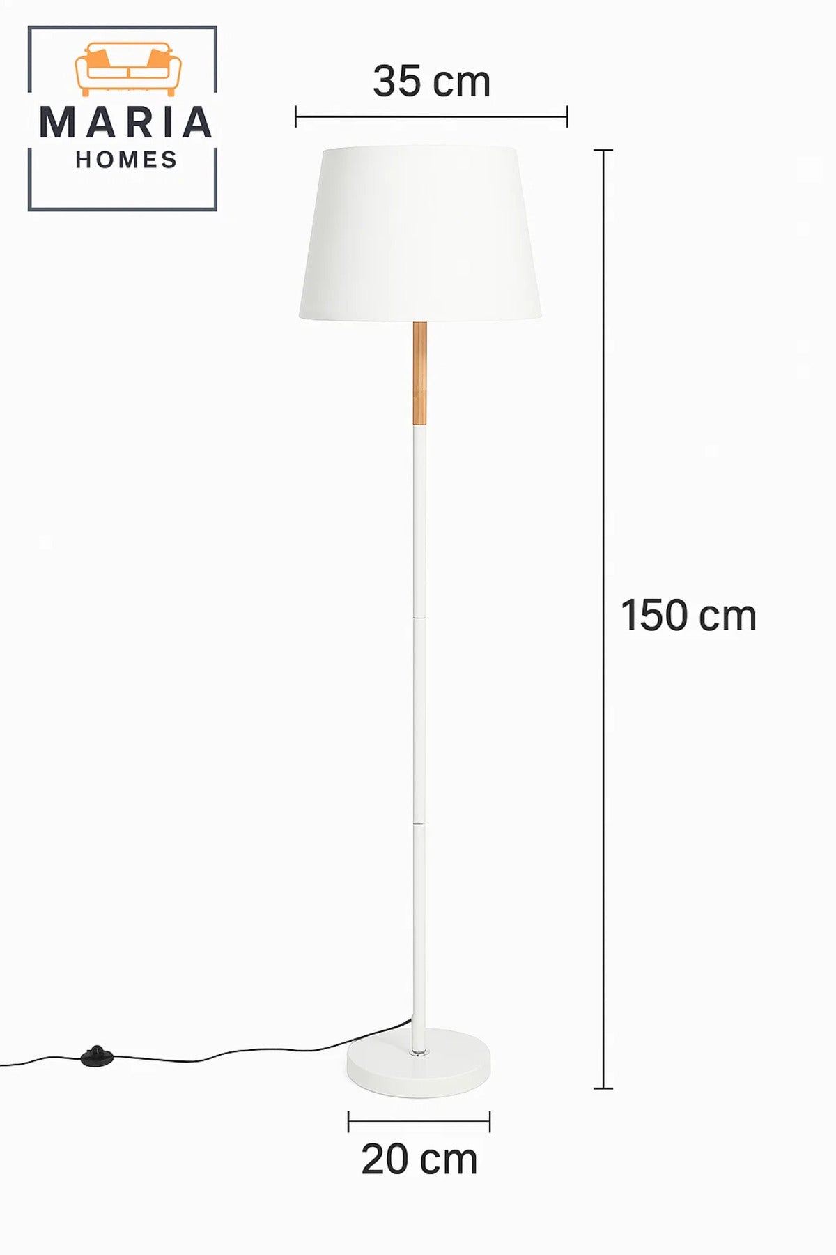 White Floor Lamp with Wooden Accent and Round Base