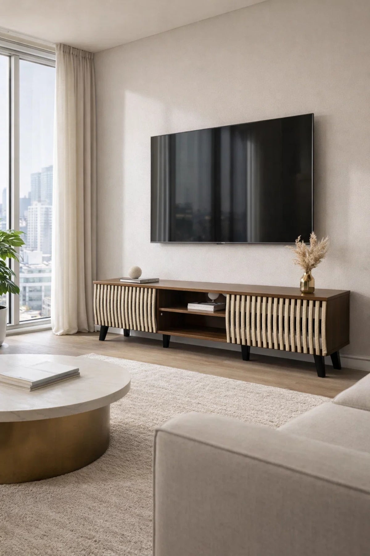 Modern Wooden TV Stand Dark Brown with Beige Slatted Design 180 x 40 x 43 cm