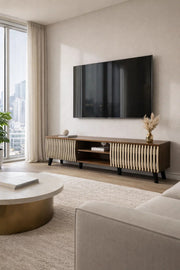 Modern Wooden TV Stand Dark Brown with Beige Slatted Design 180 x 40 x 43 cm