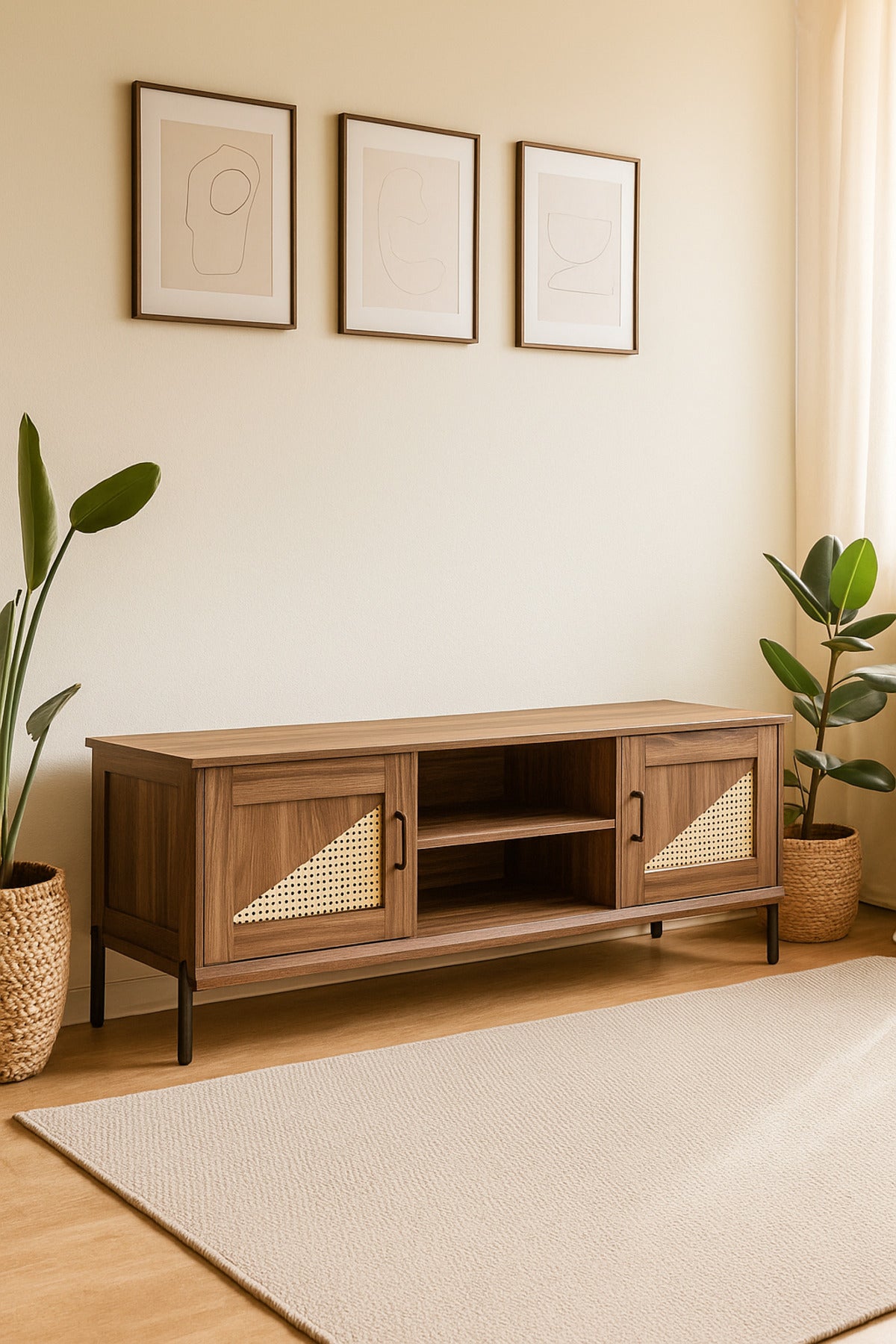 Modern Walnut TV Cabinet 160_39.5_56 cm Wooden Entertainment Unit with Rattan Design Doors