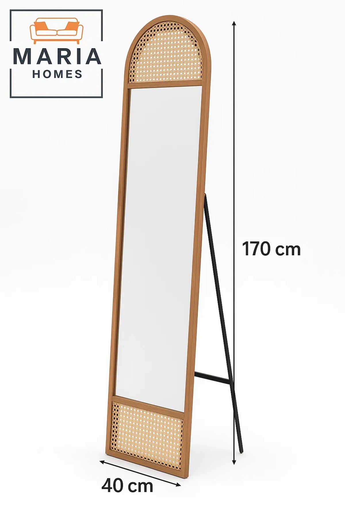 Arched Rattan Full-Length Standing Mirror Natural Wood Frame Mirror for Bedroom & Dressing Area