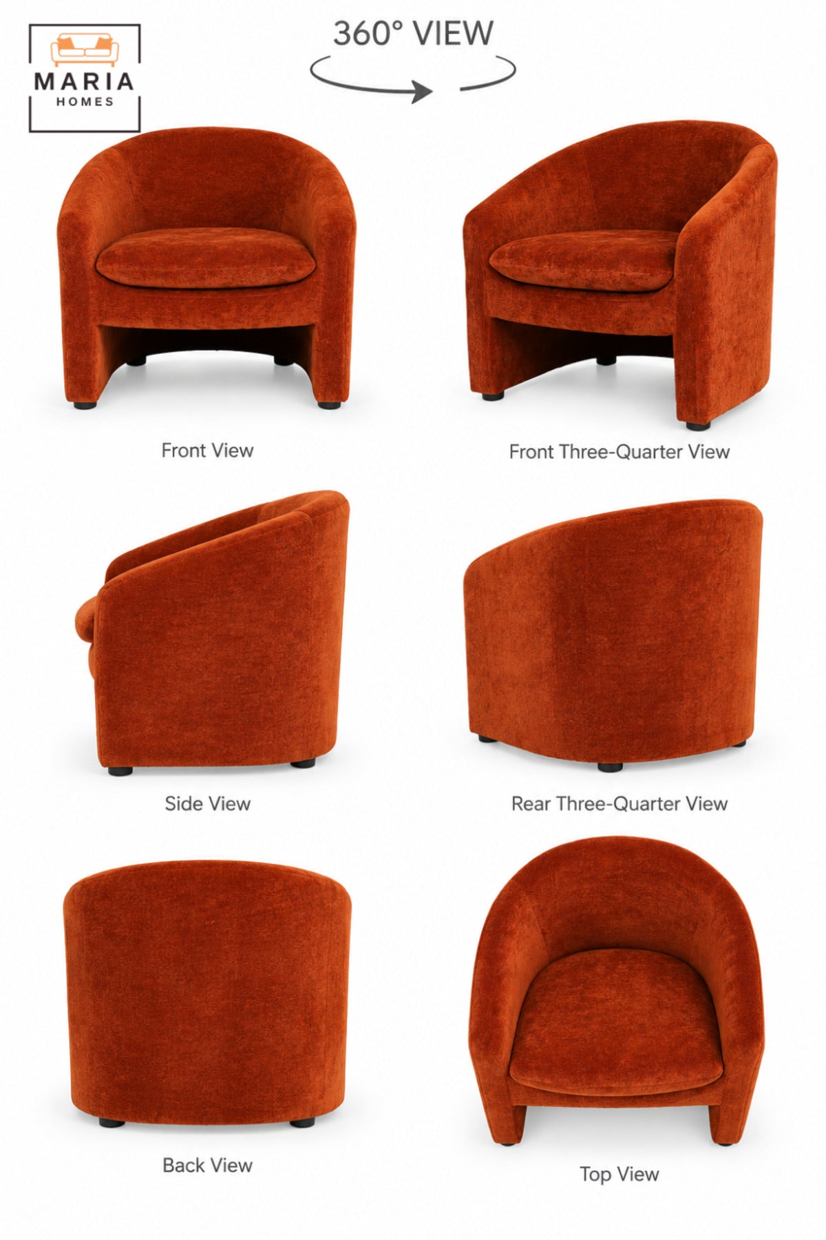 Modern Burnt Orange Fabric Accent Chair with Curved Backrest, Cushioned Seat and Integrated Armrests for Living Room, Bedroom & Lounge