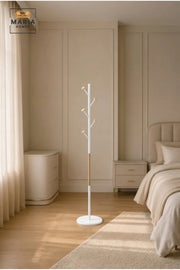 Modern White Coat Rack Stand with Wooden Accents for Entryway Bedroom Hallway Storage