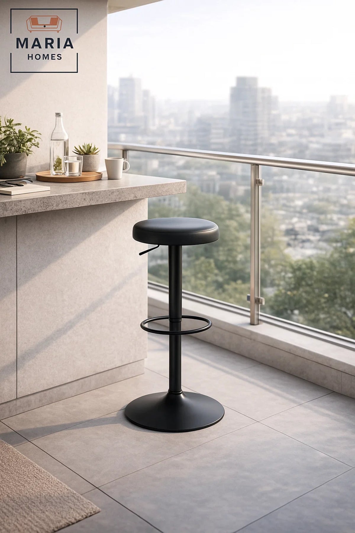 Modern Adjustable Bar Stool Black Padded Seat with Footrest