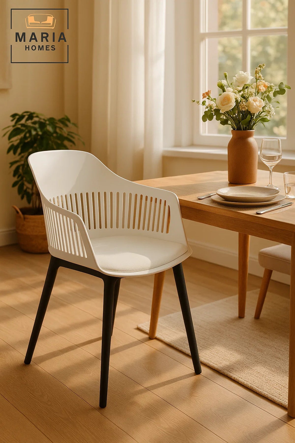White Plastic Armchair with Black Legs Modern Ventilated Backrest Chair for Indoor & Outdoor Seating